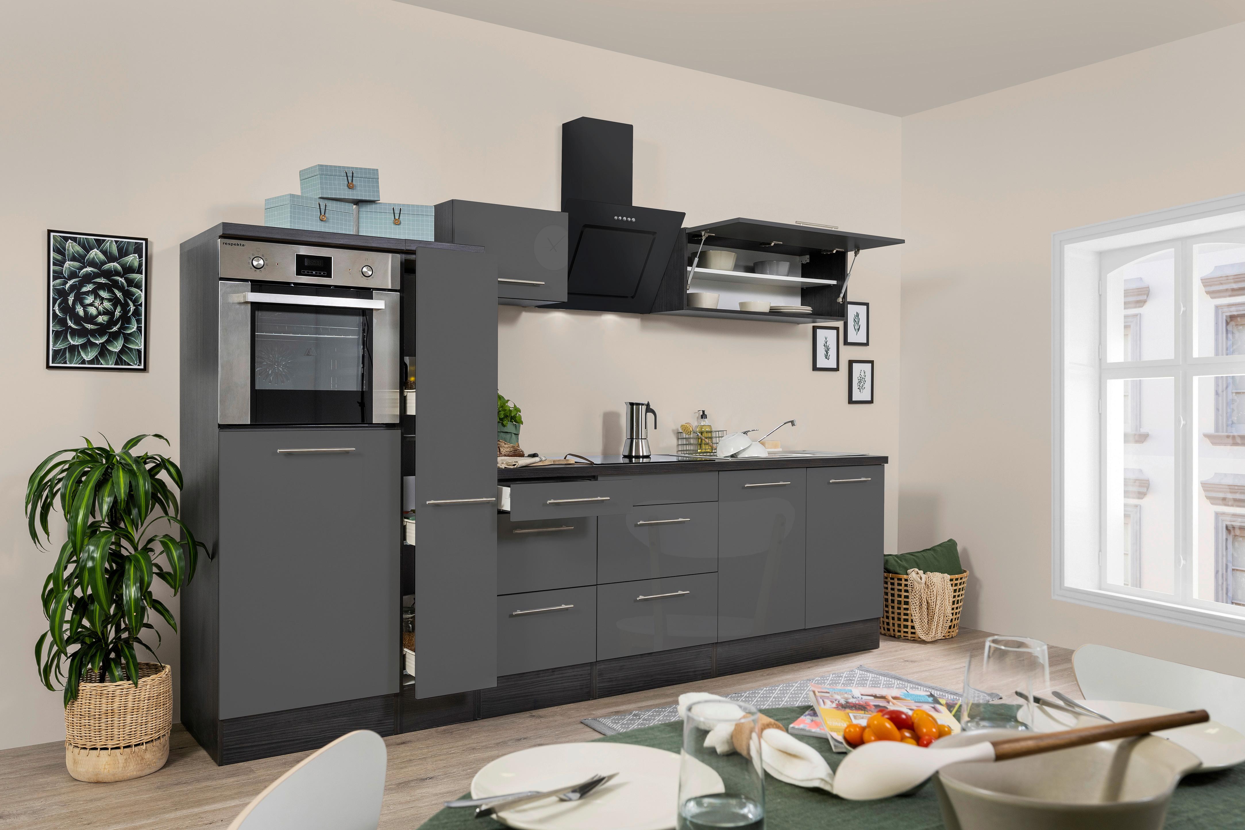 Küchenzeile mit Geräten 300 cm Grau Hochglanz - Eichefarben/Grau, Basics, Holzwerkstoff (300cm) - Respekta