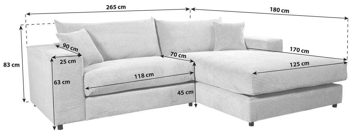 Ecksofa Funny S Rechts Hbraun mit Hocker S: 265x180 cm - Hellbraun/Schwarz, Basics, Textil (265/180cm) - Livetastic