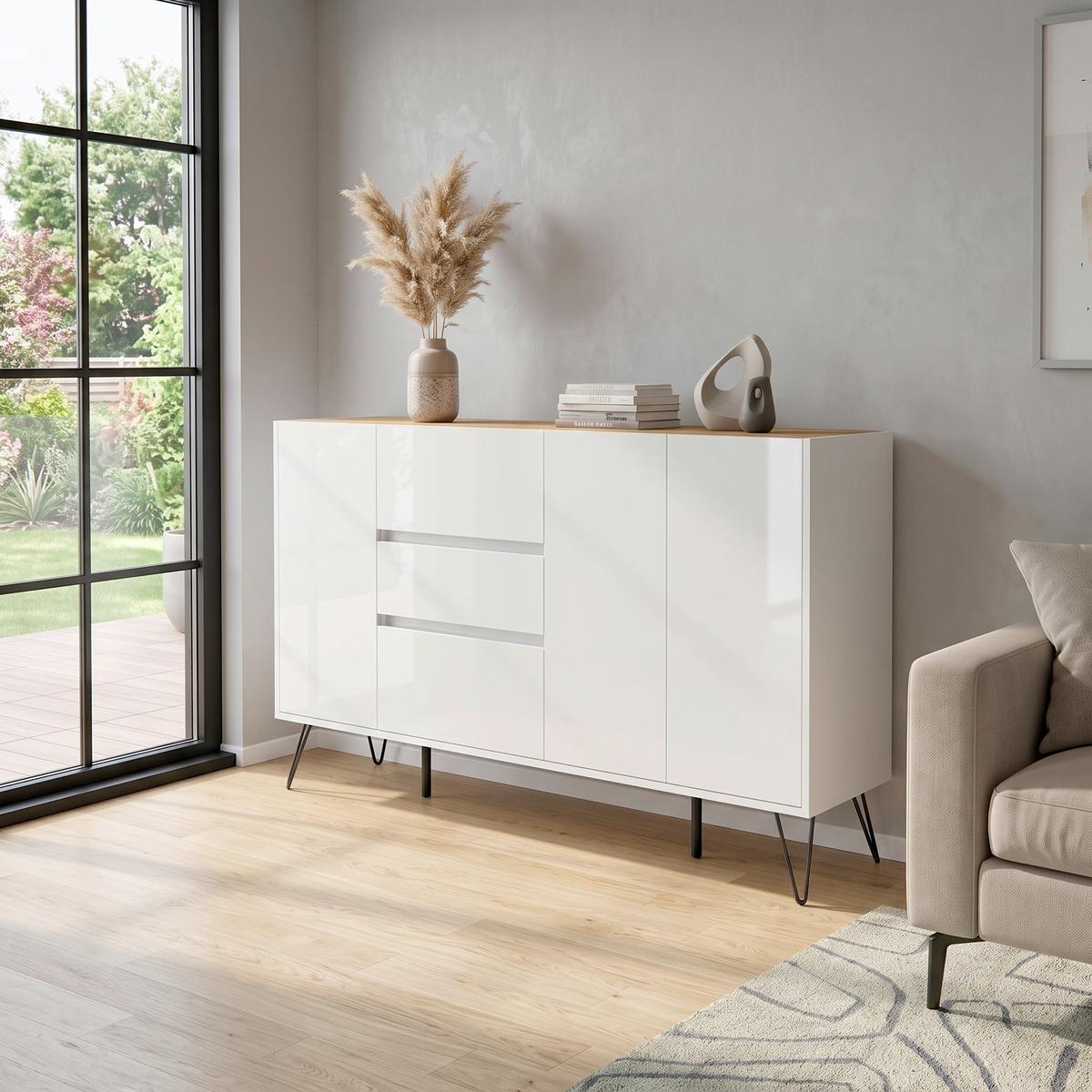 Sideboard Posseik Industrial Eichefarben/Weiß B: 177 cm - Weiß Hochglanz/Eichefarben, Design, Holzwerkstoff (177/93,6/42cm) - MID.YOU