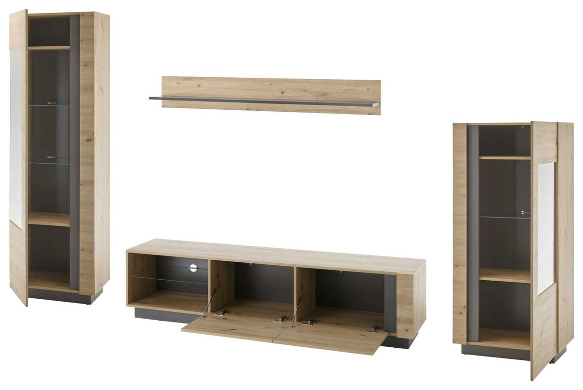 Wohnwand Clair Grau/ Eiche Artisan Dekor B: 340cm - Eiche Artisan/Grau, Design, Glas/Holzwerkstoff (340/194/40cm) - MID.YOU
