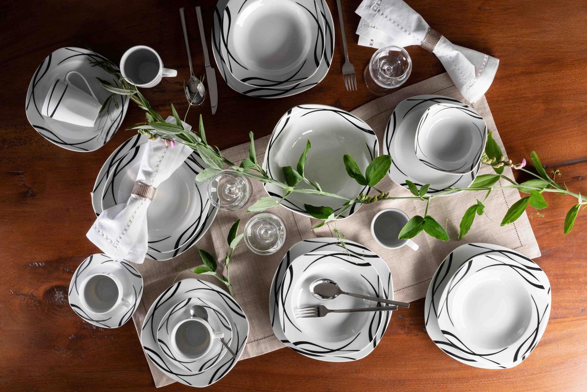 Tellerset Decora Schwarz/Weiß, 18-teilig - Schwarz/Weiß, Trend, Keramik - Mäser