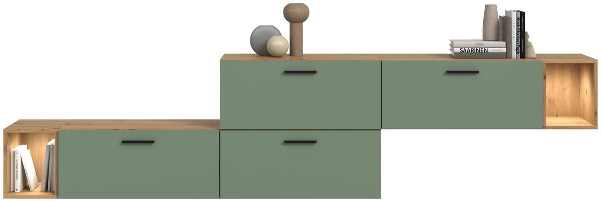 Wohnwand, The ONE 4, B: 276 cm Olivgrün/Artisan Eiche Dekor - Schwarz/Weiß, Trend, Holzwerkstoff (276/97/34cm)