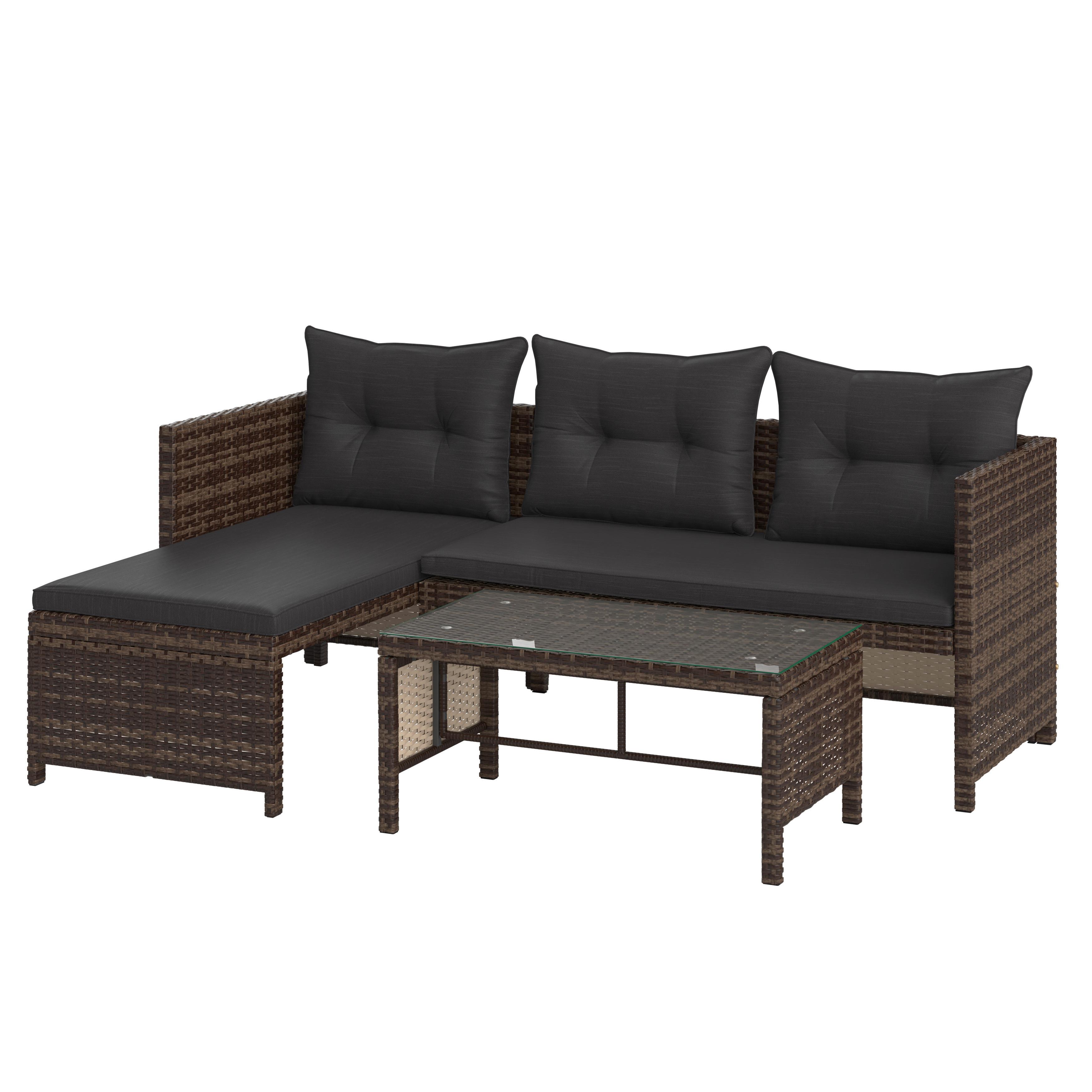 Loungegarnitur 3-tlg. Vegas Polyrattan/stahl Mit Kissen - Graubraun/Schwarz, MODERN, Glas/Kunststoff - Luca Bessoni