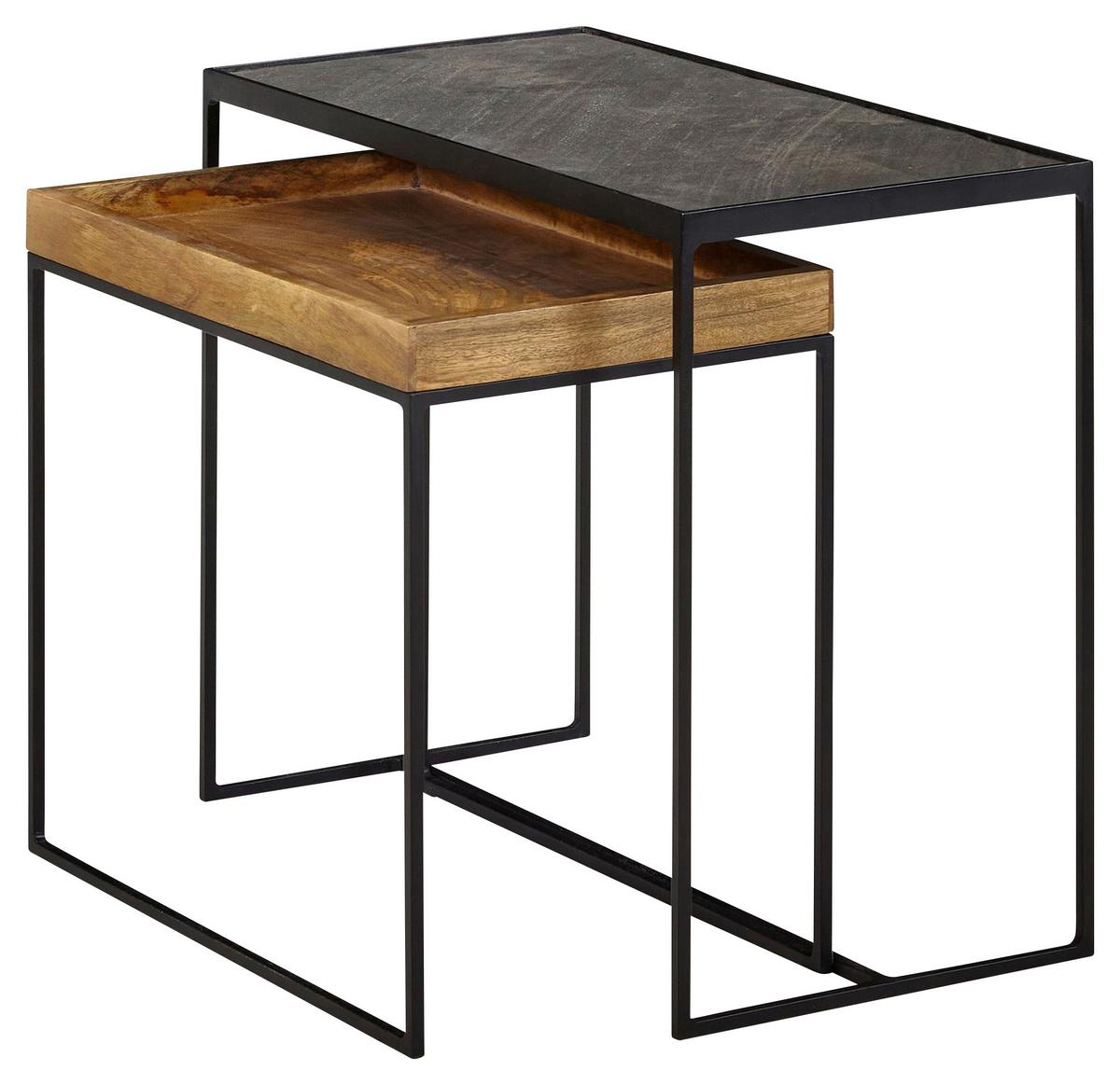 Príručný stolík sada 2ks, masív mango/kov - hnedá, Modern, drevo/kameň (60/30/50cm) - MID.YOU