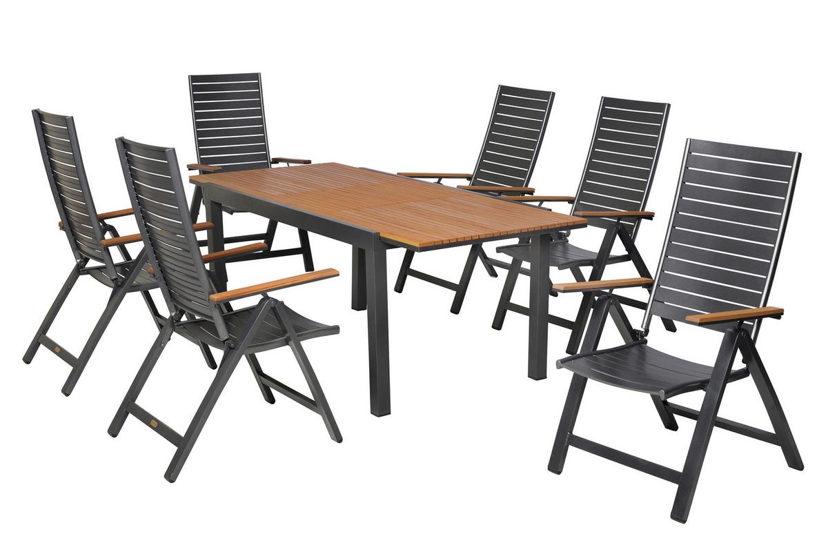 Gartentischgruppe Astros 7 -Teilig. Graphitfarben/Natur - Graphitfarben/Naturfarben, KONVENTIONELL, Kunststoff/Metall - Gardenson