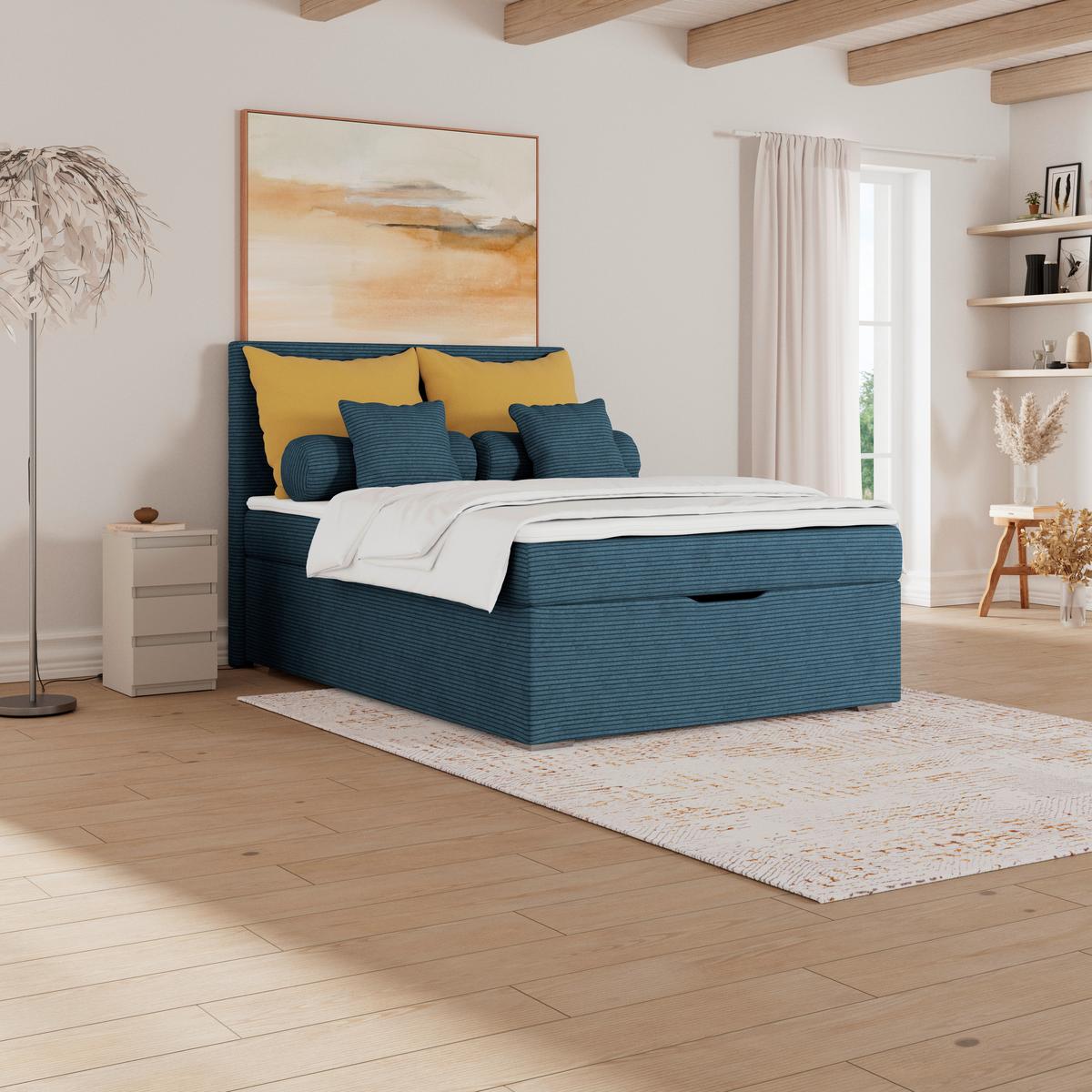 Čalúnená posteľ ADRIA 140x200 cm, tmavomodrá - modrá/chrómová, Konventionell, drevo/textil (140/200cm)
