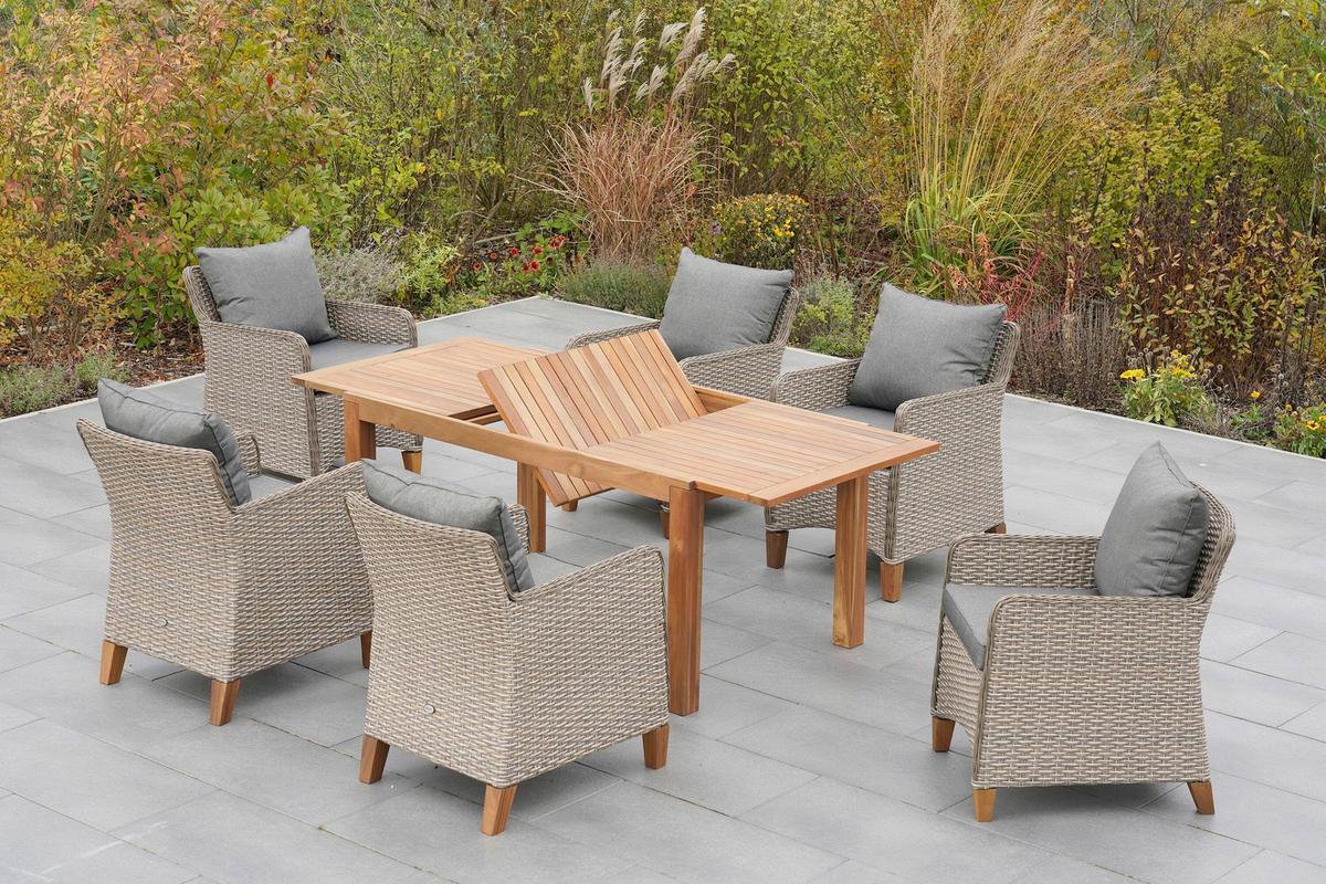 Gartentischgruppe 7tlg. Set Inkl. Kissen - Beige/Beigebraun, KONVENTIONELL, Holz/Kunststoff - Gardenson