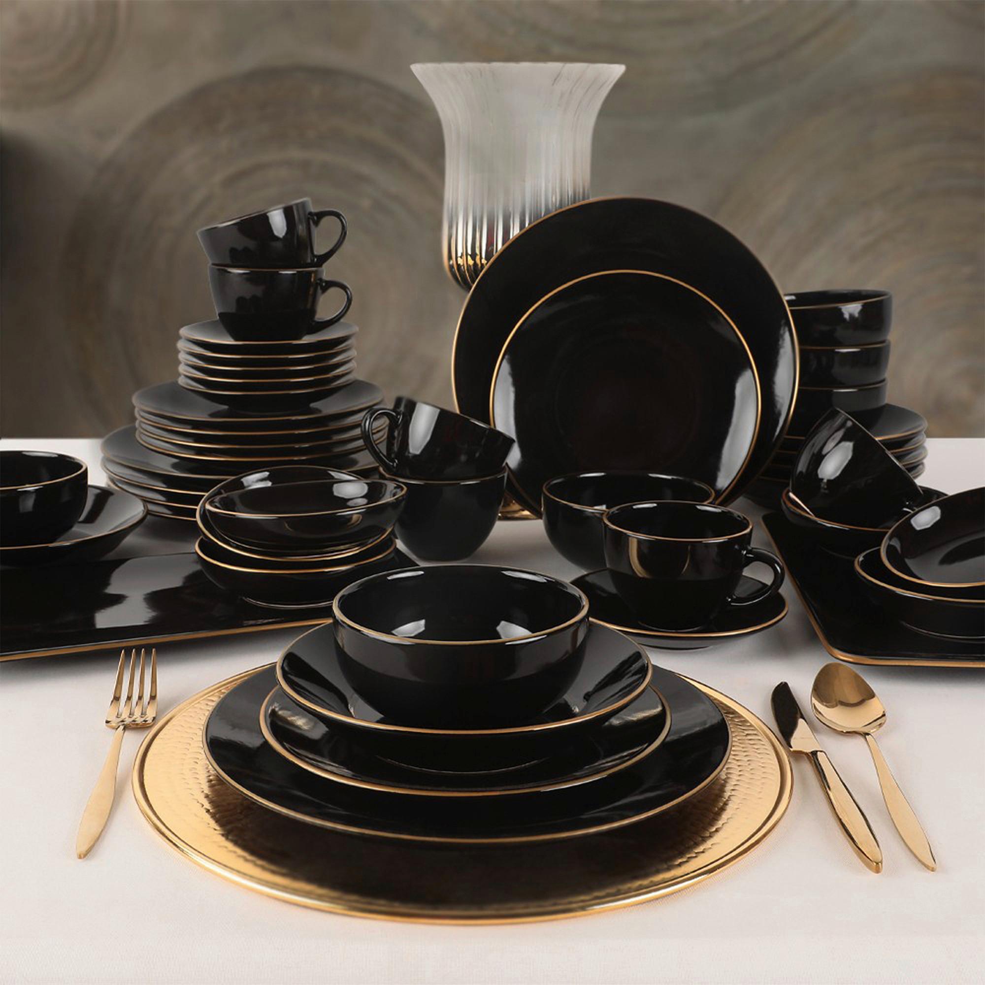 Kombiservice Porzellan, Für 6 Personen, Schwarz, Goldfarben - Goldfarben/Schwarz, Basics, Keramik (19/19/19cm) - P & B