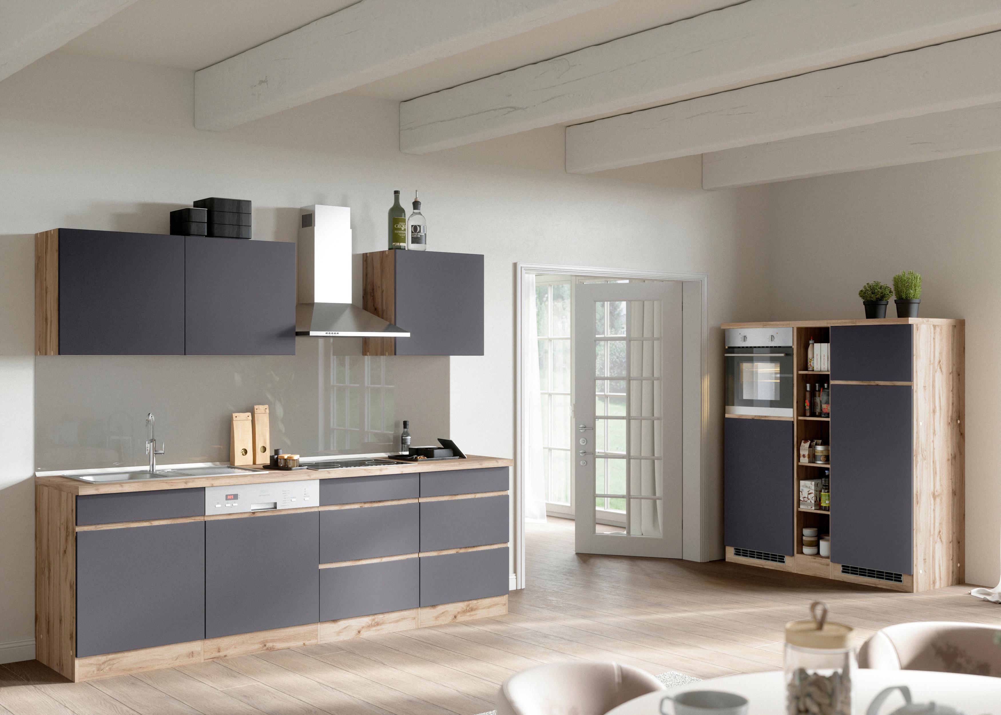 Zweizeilige Küche Turin 390 Cm Mit Geräten Grau/eiche Dekor - Eiche Wotan/Grau, Design, Holzwerkstoff (240-150cm) - Held