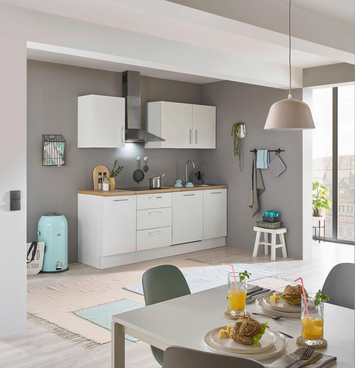 Kuchyňský blok Turin 220 cm bílá/ dekor dub Artisan - bílá/černá, Moderní, kov/kompozitní dřevo (220cm)