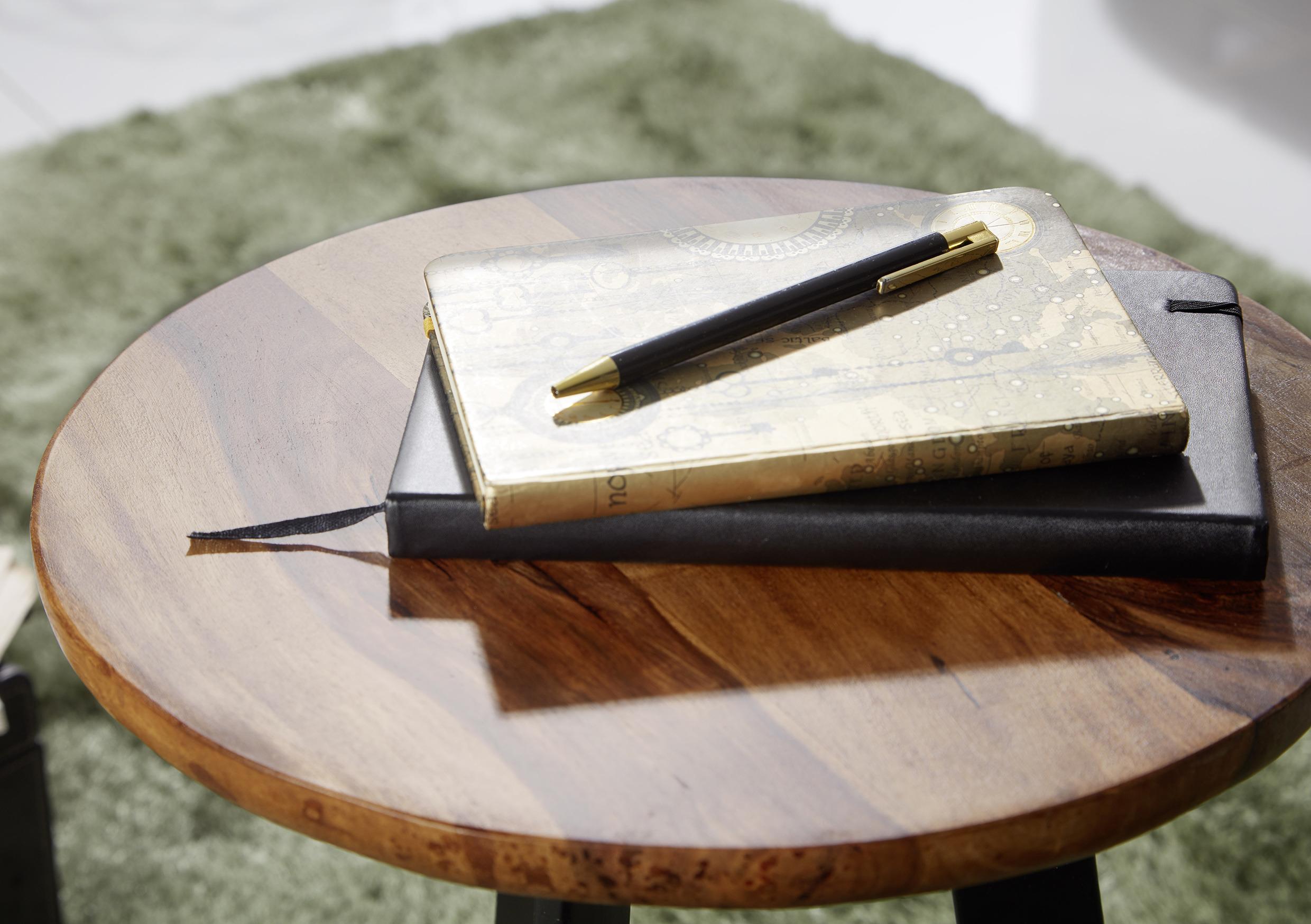 Beistelltisch Rund mit Sheeshamholz und Beinen aus Eisen Top