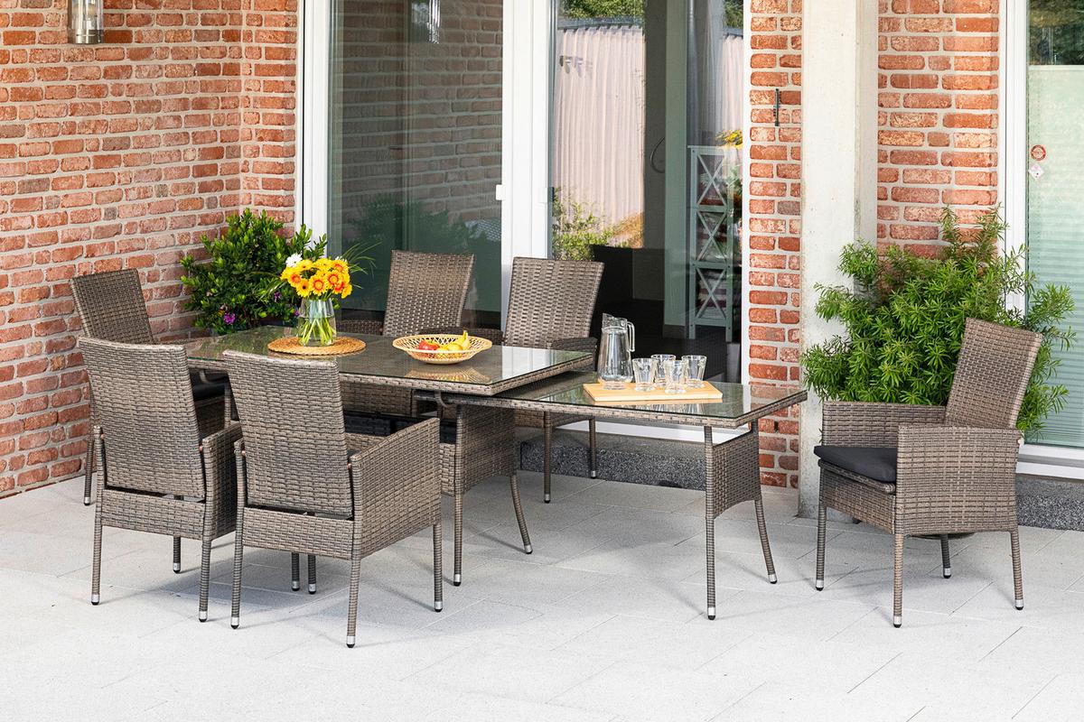 Gartengarnitur 13-Tlg Sevilla Kunststoff/Aluminium mit Kissen - Braun, MODERN, Glas/Kunststoff - Gardenson