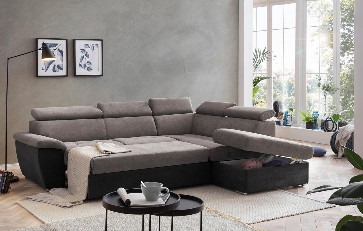 Ecksofa Mit Schlaffunktion Antero Und Bettkasten Grau - Chromfarben/Schwarz, Design, Textil (262/216cm) - Livetastic