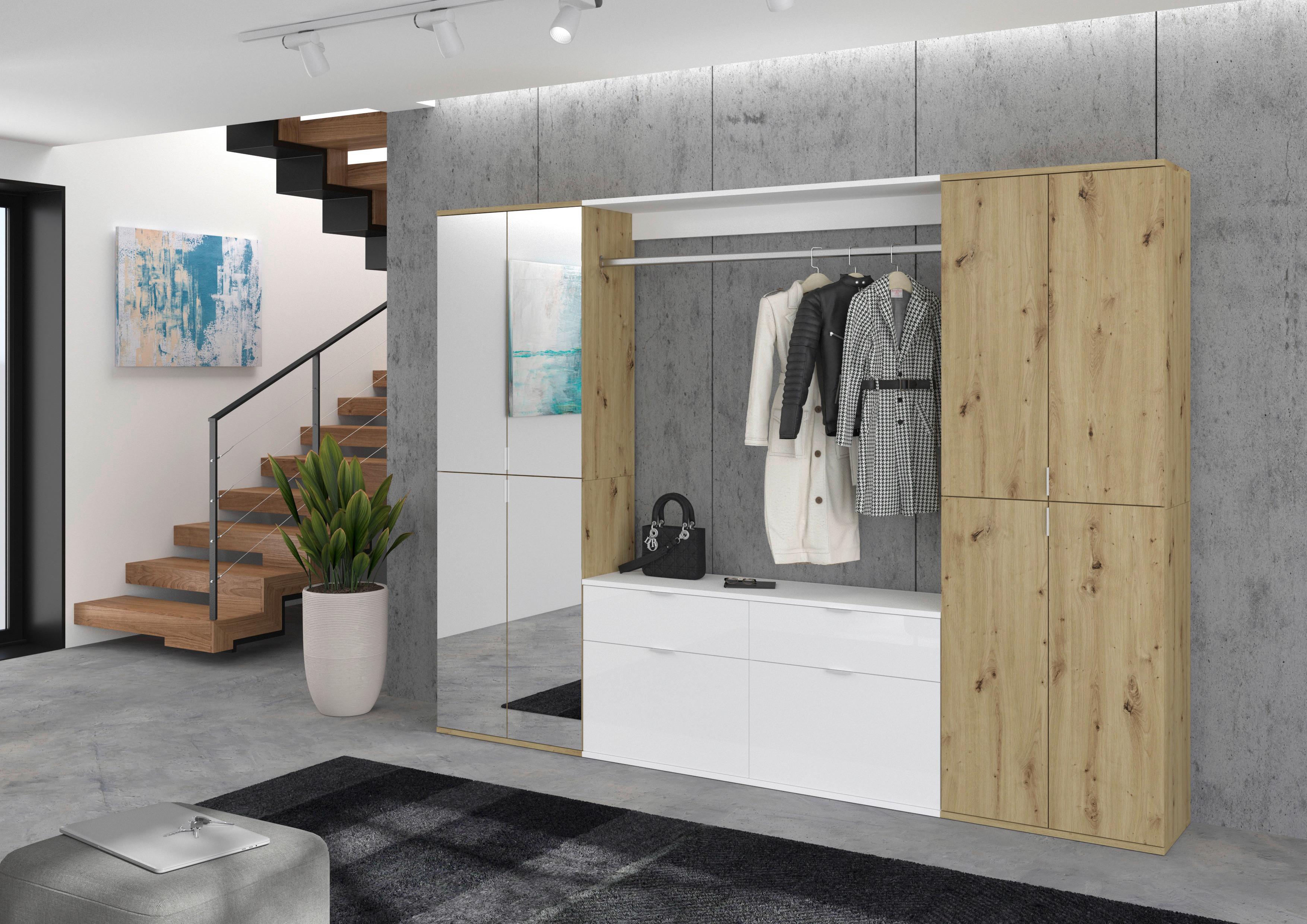 Garderobe Projekt X 3-Teilig Weiß/Eiche Artisan B: 243 cm - Weiß Hochglanz, KONVENTIONELL, Holzwerkstoff (243/193/34cm) - MID.YOU