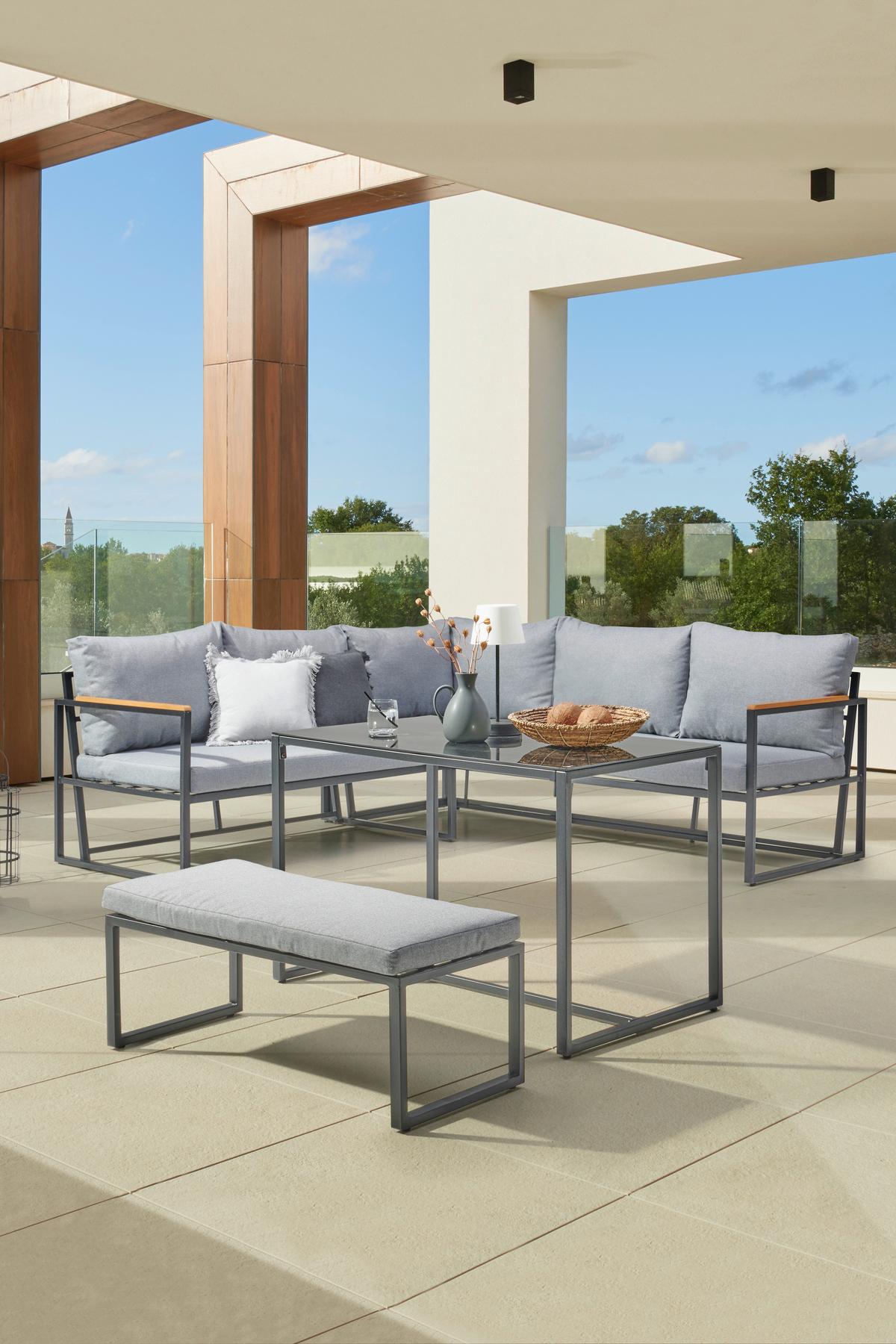 Loungegarnitur 3-tlg. Catania Stahl/holz/textil Mit Kissen - Schwarz/Grau, MODERN, Glas/Holz (206/206cm) - Beldano