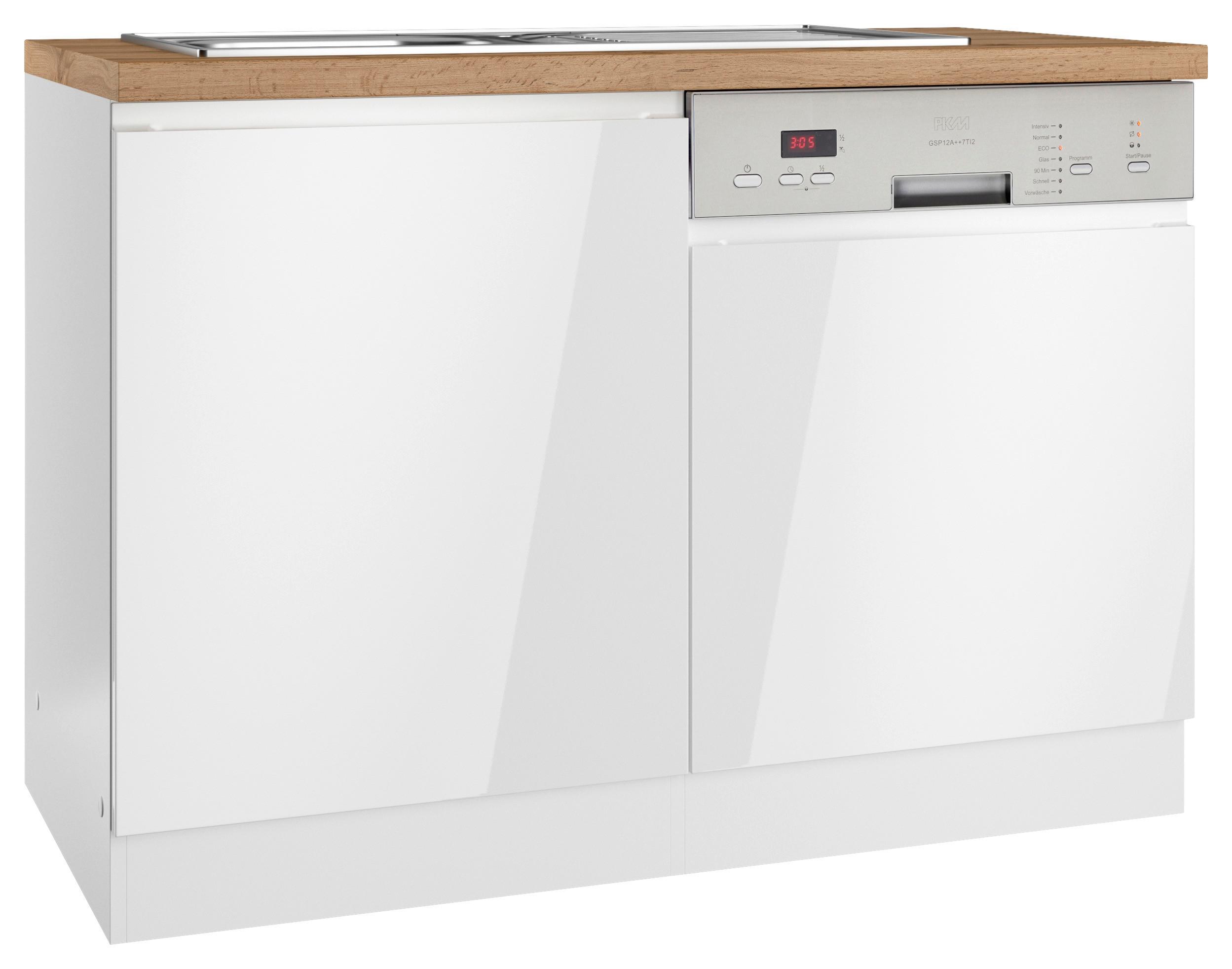 Spülenunterschrank Monza B: 120 cm Weiß/Eiche Dekor - Weiß Hochglanz/Eiche Wotan, LIFESTYLE, Holzwerkstoff (120/86/60cm) - Held