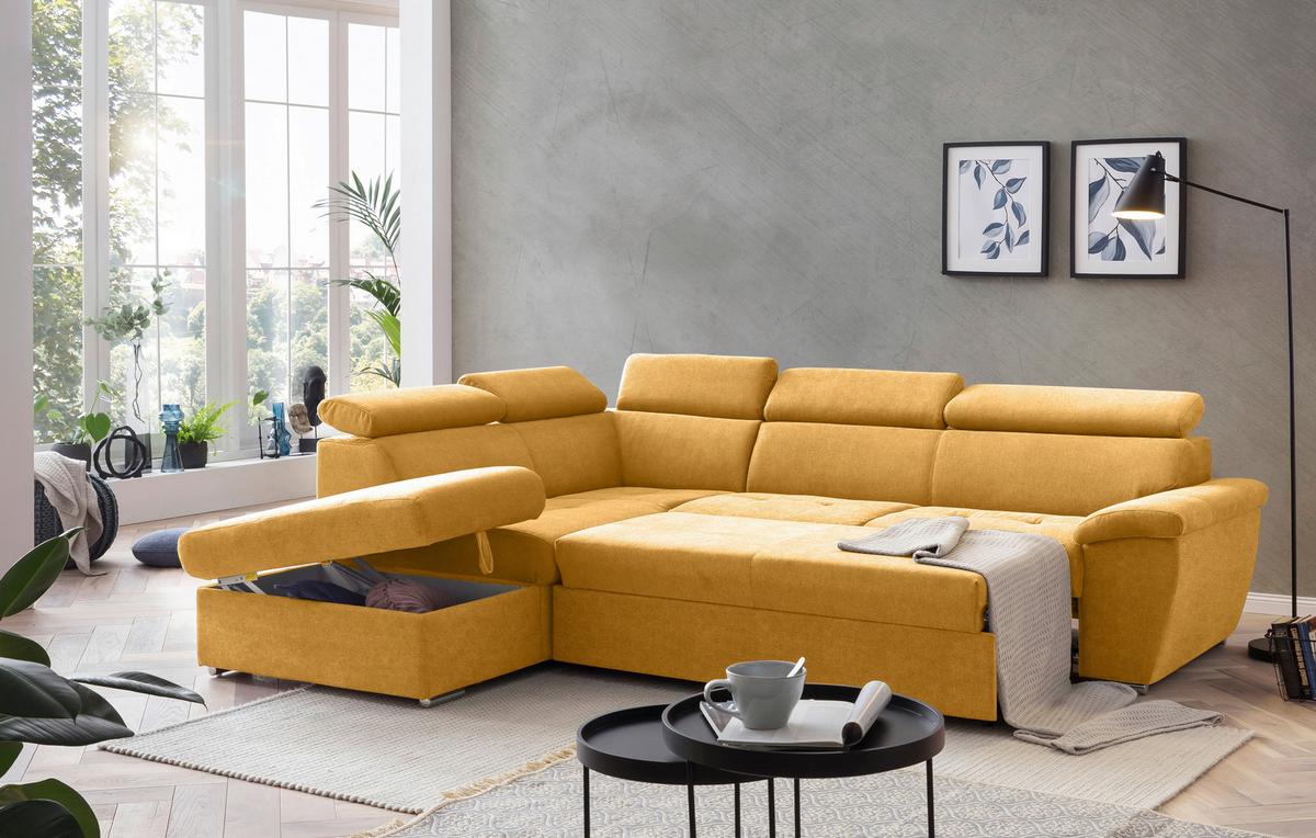 Ecksofa mit Schlaffunktion und Bettkasten Antero Currygelb - Chromfarben/Currygelb, Design, Textil (216/262cm) - Livetastic