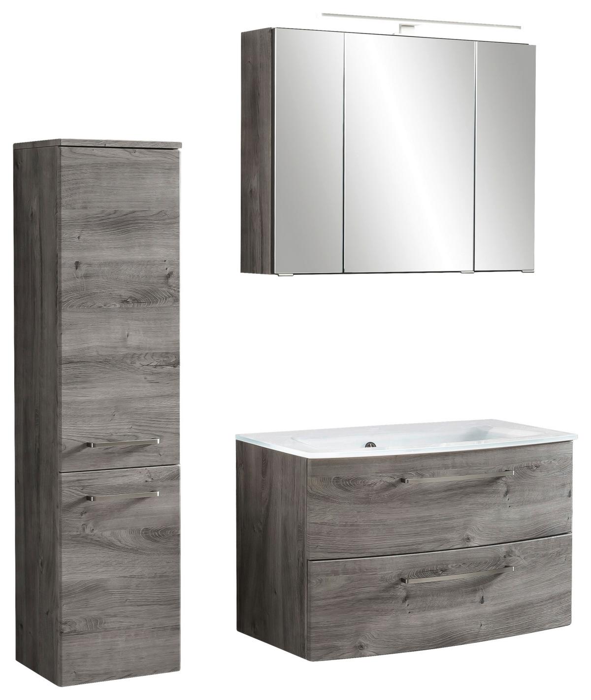 Badmöbel-set 3-tlg. Stockholm B: 110 Cm Weiß/eiche Dekor - Eichefarben/Eiche grau, KONVENTIONELL, Glas/Holzwerkstoff (110cm) - Held