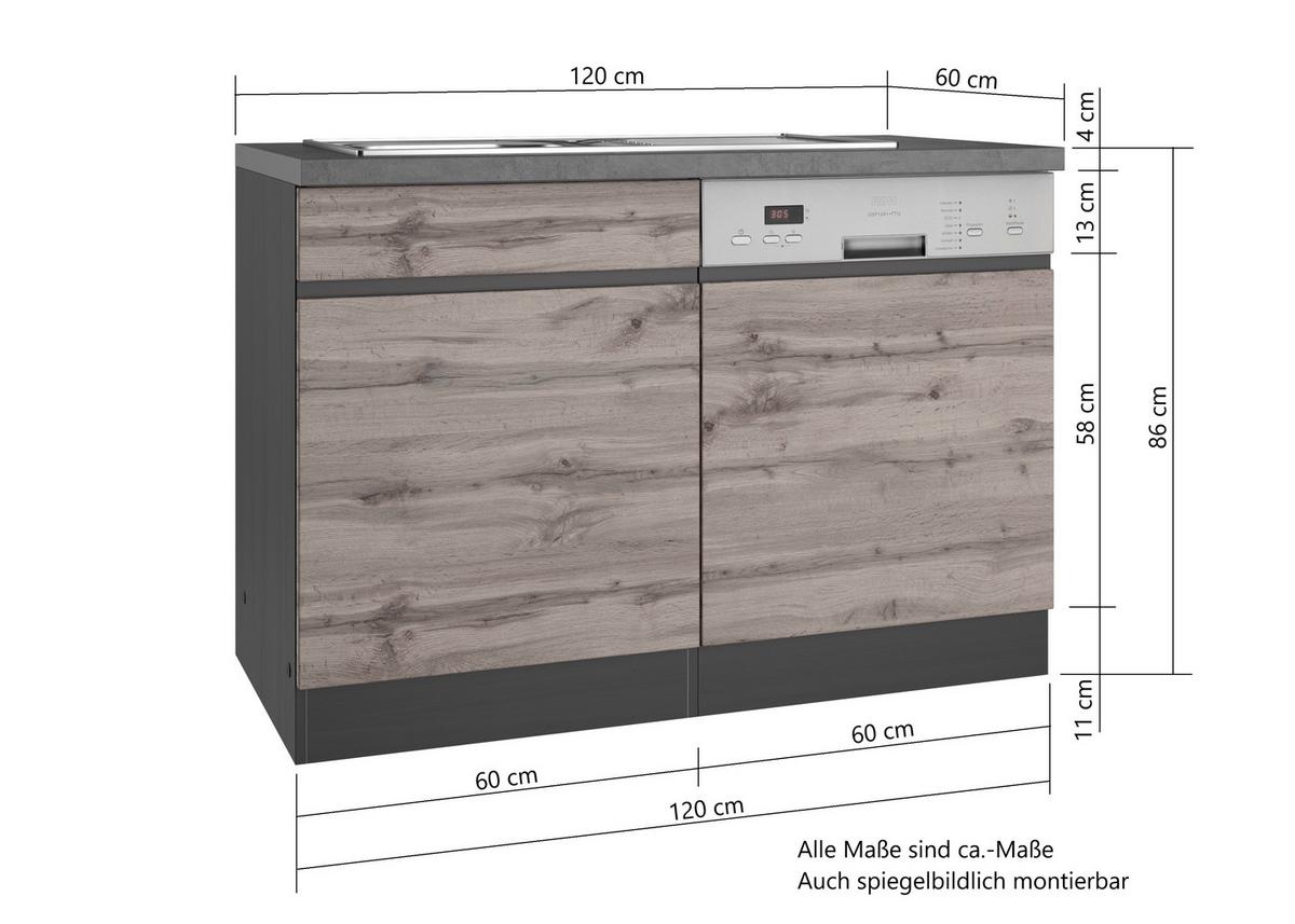 Spülenschrank Mit Spüle Turin B: 120 cm Graphit/Eiche Dekor - Eiche Wotan/Graphitfarben, Design, Holzwerkstoff (120/86/60cm) - Held