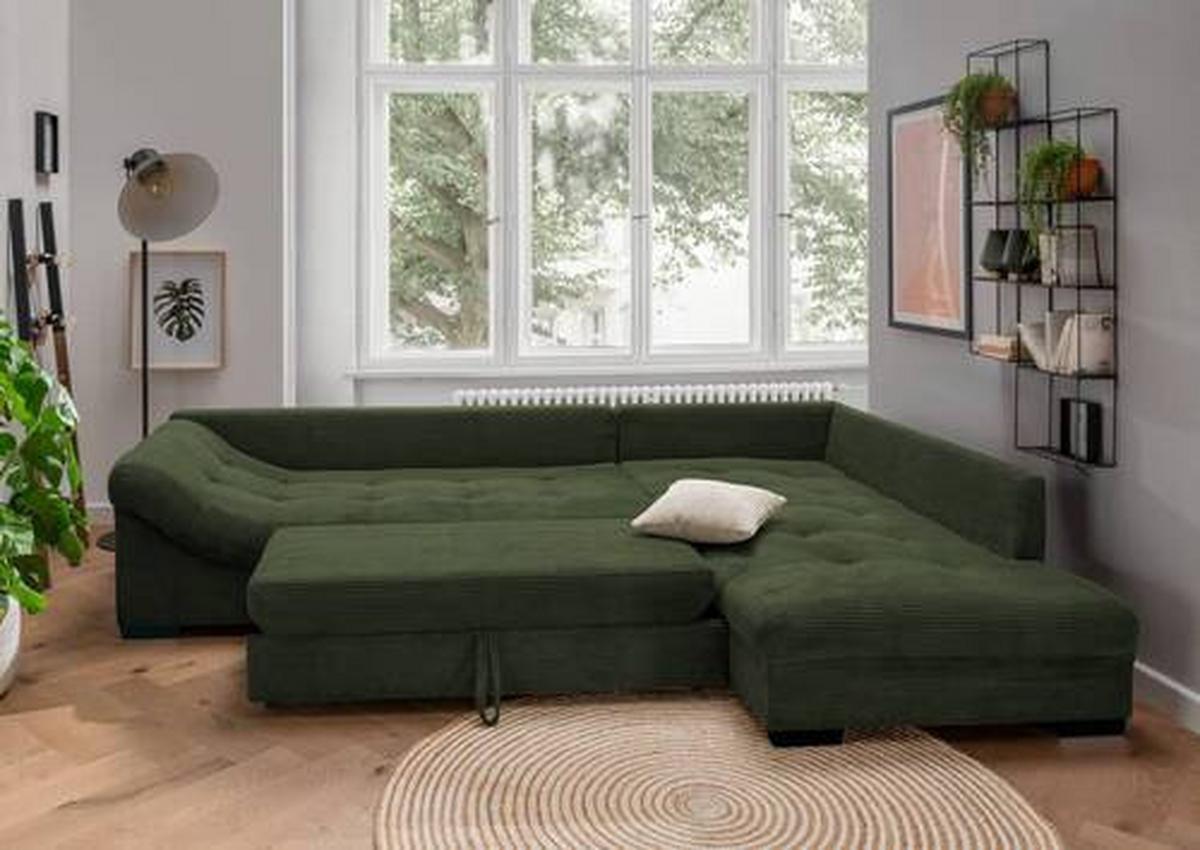 Ecksofa mit Schlaffunktion Alvito Dunkelgrün Kord - Dunkelgrün/Beige, Design, Textil (298/202cm) - MID.YOU
