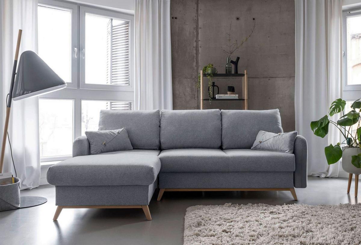 Sedačka LUCILE S, levá, sv.šedá, úl.prostor a lůžko - světle šedá/přírodní barvy, dřevo/textil (157/235cm) - MID.YOU