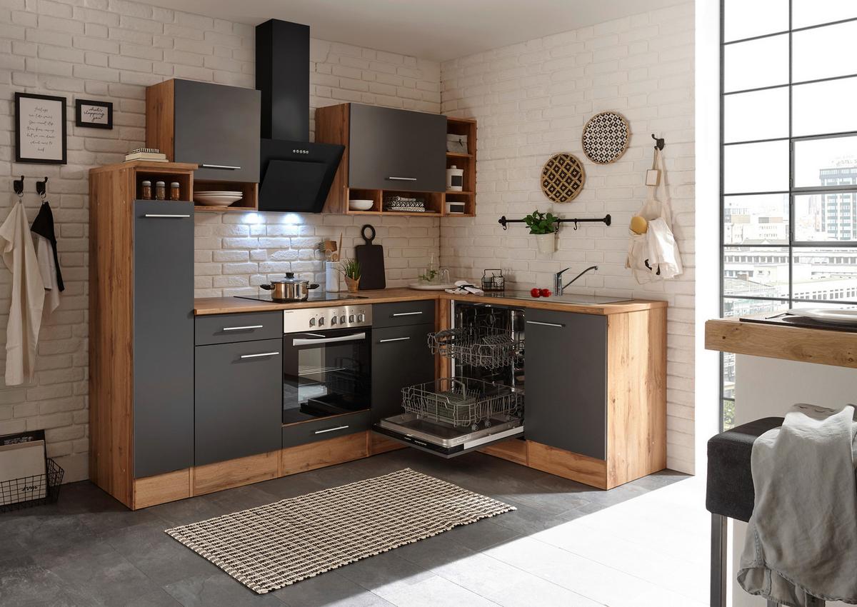 Eckküche mit Geräten 250 cm Grau/Wildeichefarben - Eichefarben/Grau, Basics, Holzwerkstoff (250/172cm) - Respekta