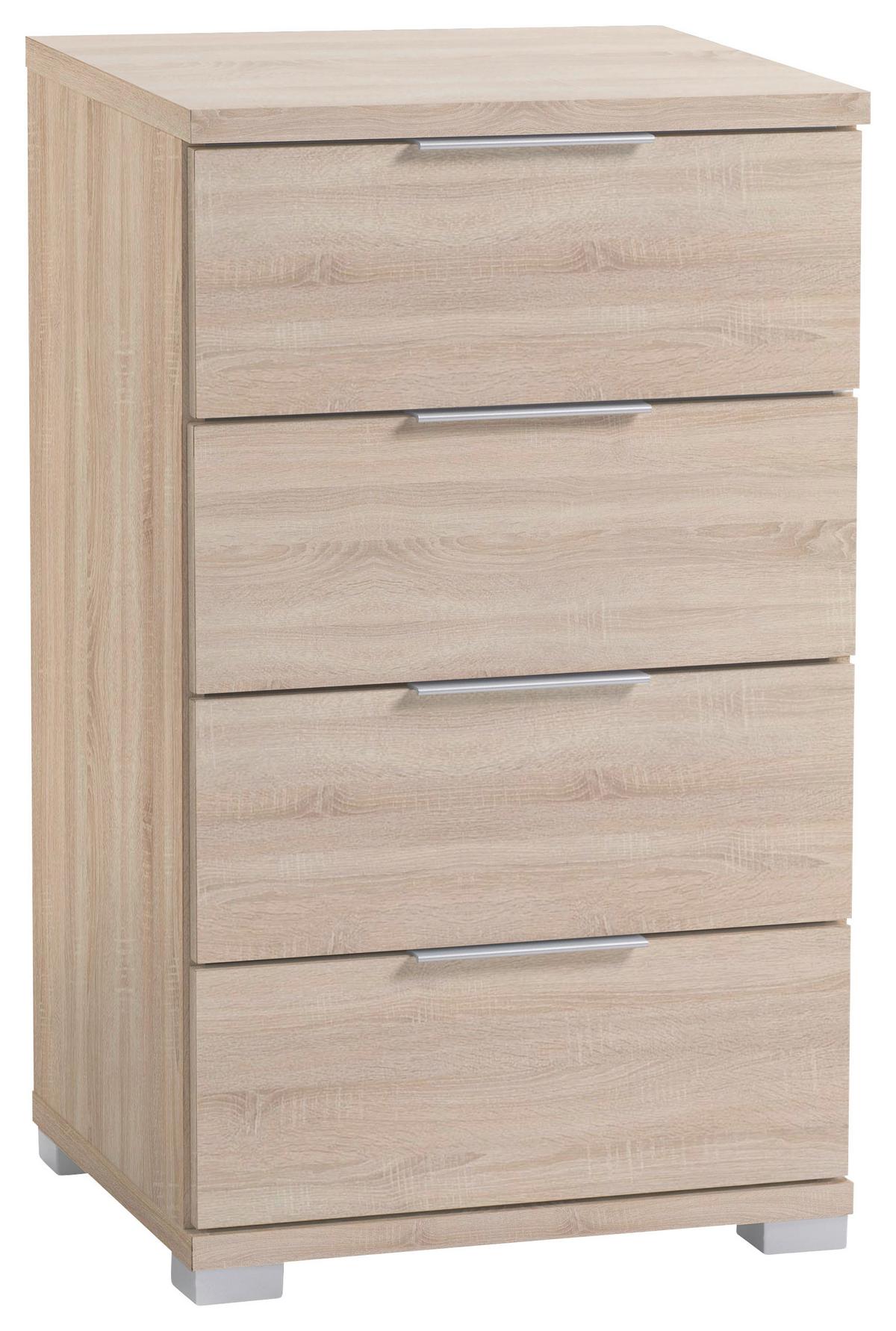 Noční stolek dub Sonoma 4 zásuvky - barvy dubu/barvy stříbra, Basics (46/79/42cm) - P & B