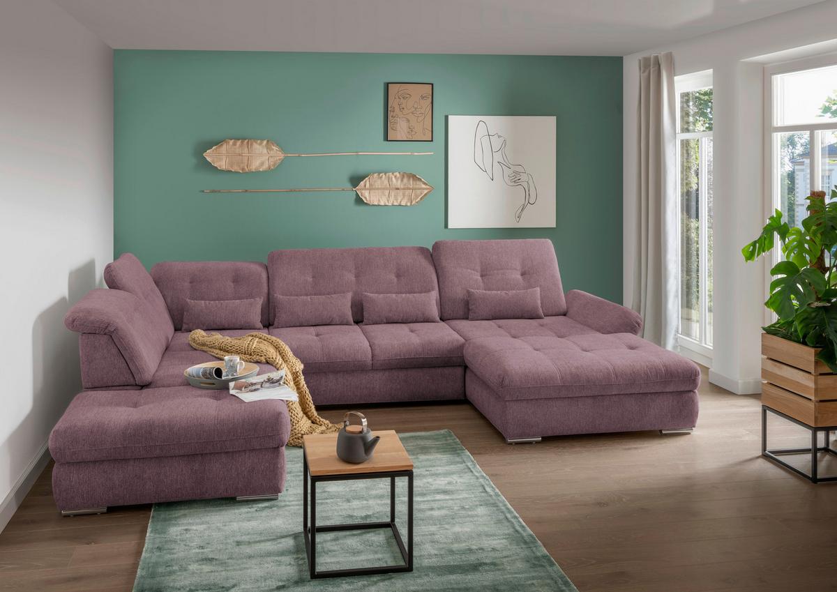 Wohnlandschaft Dalida Mit Schlaffunktion Brombeere - Chromfarben/Brombeere, Design, Textil (254/376/195cm) - Livetastic