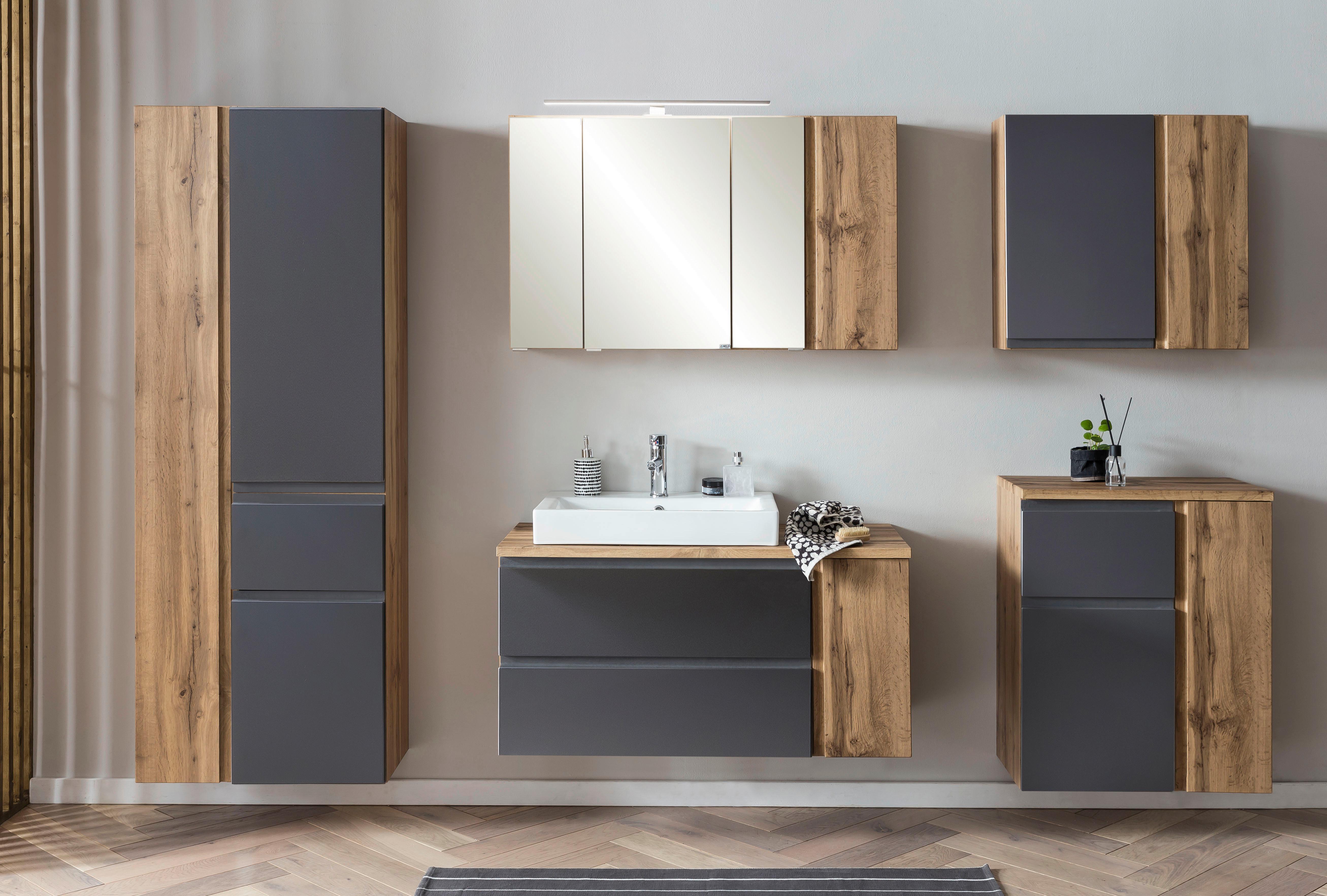 Waschbecken mit Unterschrank Varese B:105 cm Grau/Eiche - Eiche Wotan/Grau, MODERN, Keramik/Holzwerkstoff (105cm) - Held