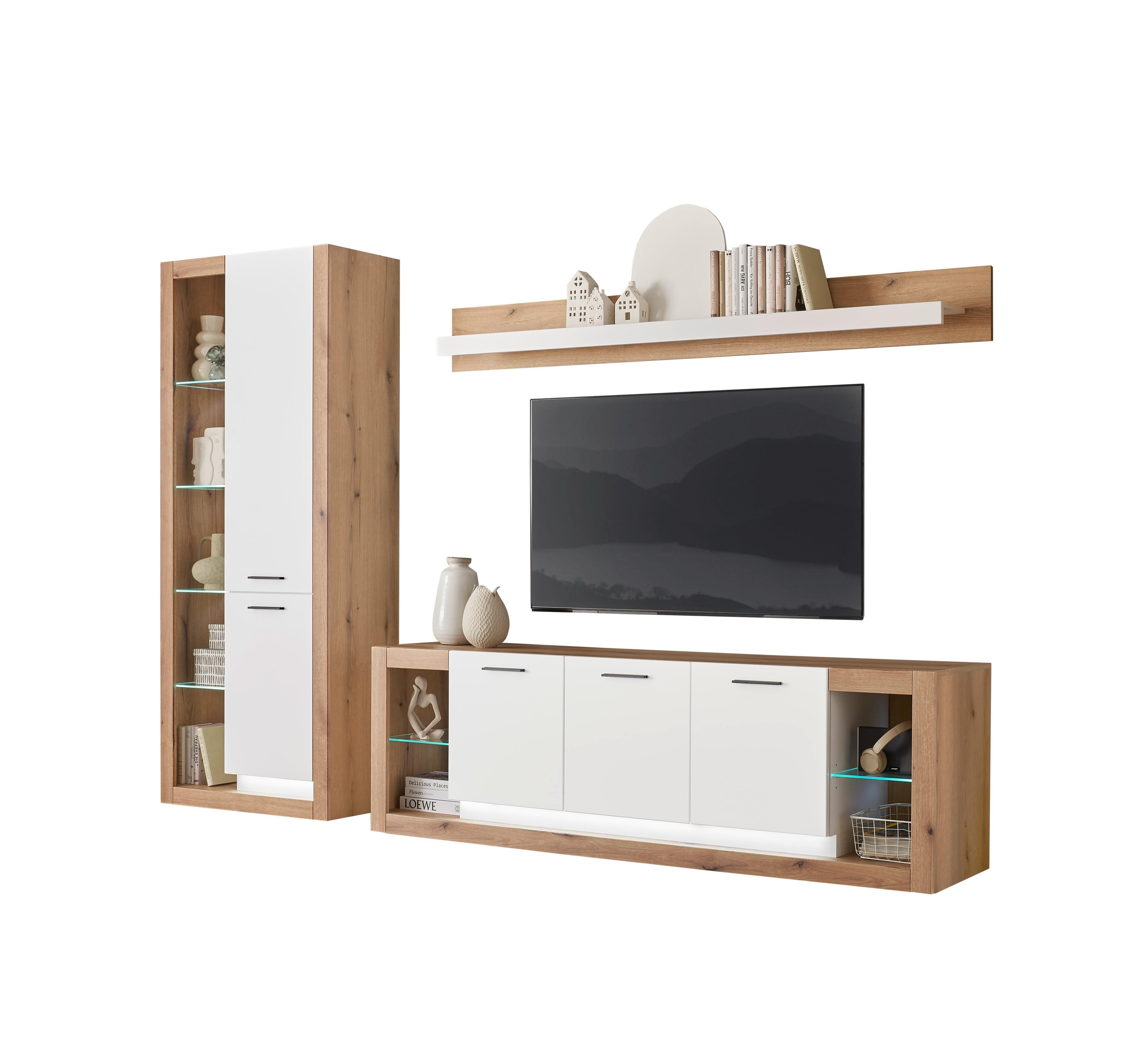 Wohnwand Brixen Weiß/Eichefarben B: 298cm - Eichefarben/Weiß, Design, Glas/Holzwerkstoff (298/195/43cm) - MID.YOU