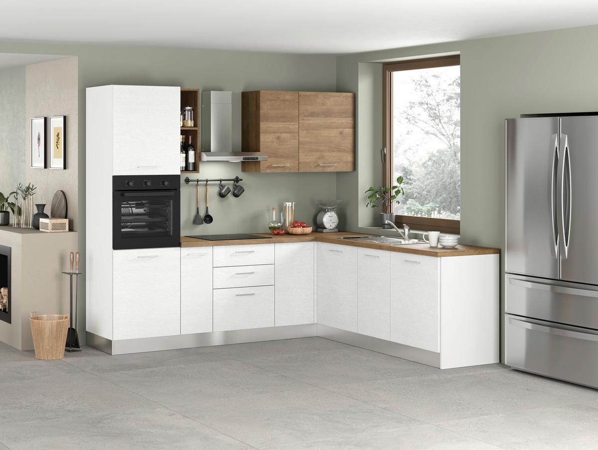 Eckküche Dafne 250x225 Cm Weiß/nussbaum Dekor - Edelstahlfarben/Nussbaumfarben, LIFESTYLE, Holzwerkstoff/Kunststoff (250/225cm) - MID.YOU