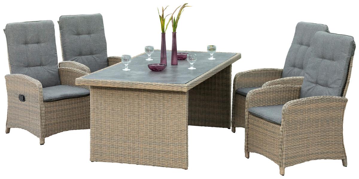 Gartengarnitur 5-Tlg. Atrani Textil/Glas/Metall/Kunststoff - Schieferfarben/Beige, KONVENTIONELL, Glas/Kunststoff - Gardenson