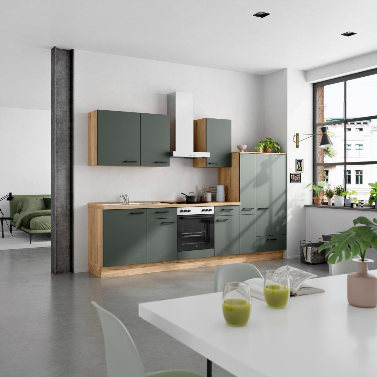 Küchenleerblock Easytouch Low-Line, L7 Rechts - Dunkelgrün/Eichefarben, MODERN, Holzwerkstoff (300cm) - Nobilia