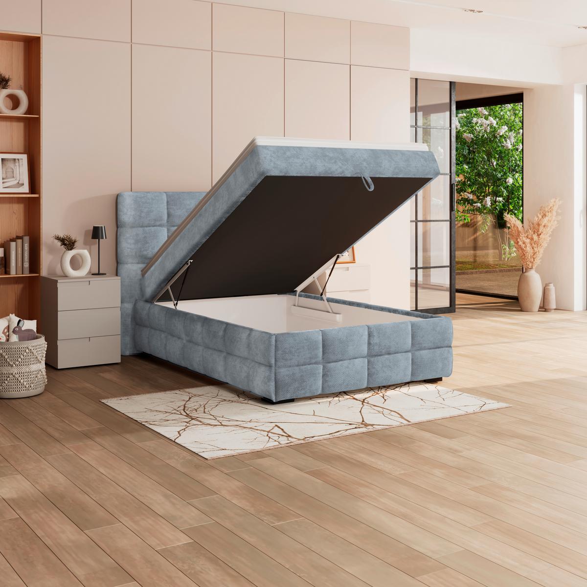 Čalouněná postel VEGA 140x200 cm, světle modrá - černá/zelená, Trend, dřevo/textil (140/200cm)