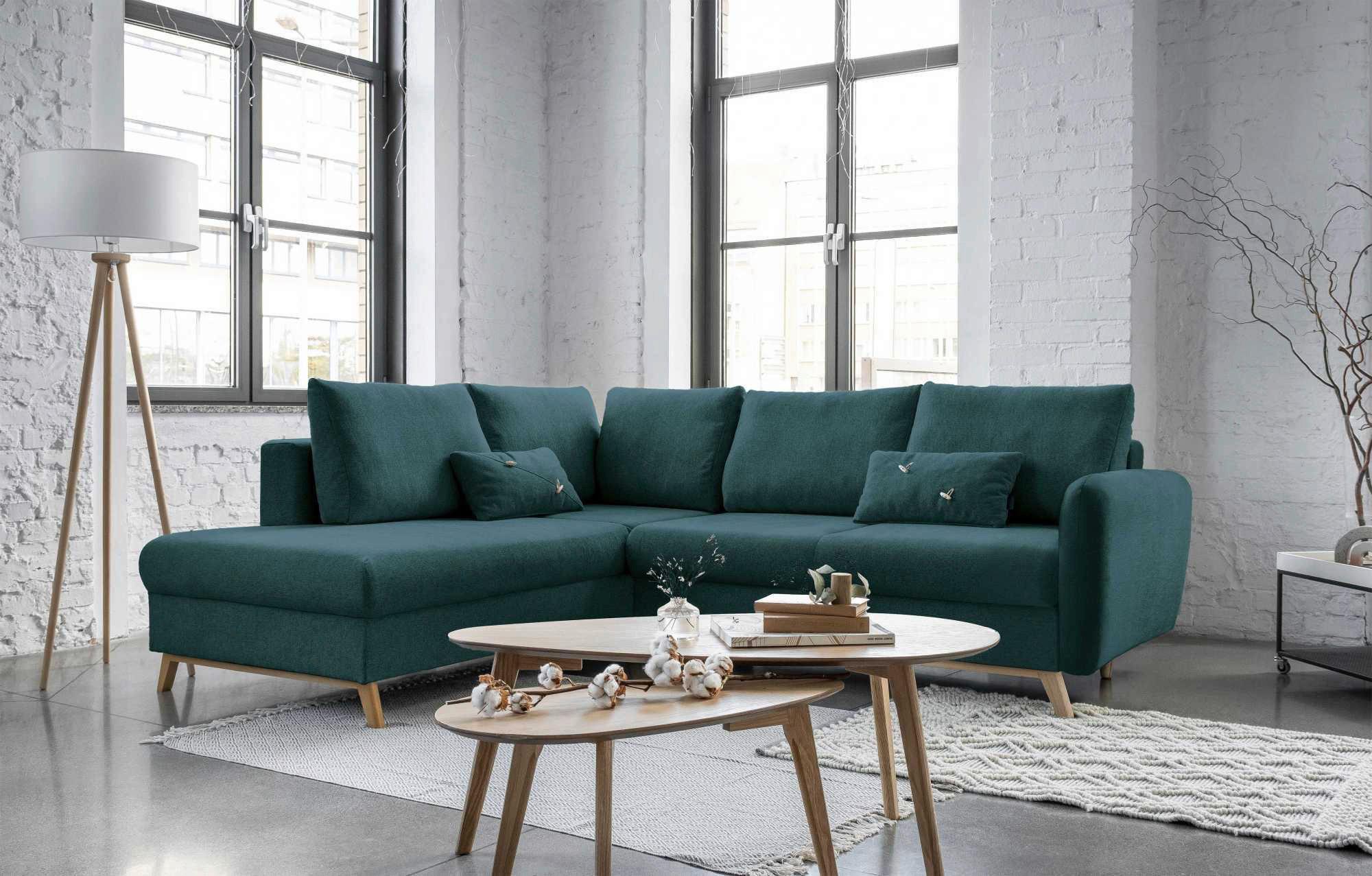 Sedačka LUCILE L, ľavá, tyrkysová, úl.priestor a lôžko - prírodná farba/tyrkysová, drevo/textil (202/242cm) - MID.YOU