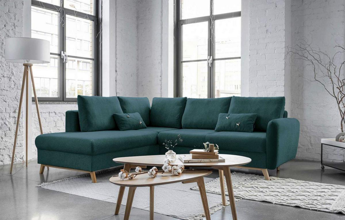 Sedačka LUCILE L, levá, tyrkysová, úl.prostor a lůžko - přírodní barvy/tyrkysová, dřevo/textil (202/242cm) - MID.YOU