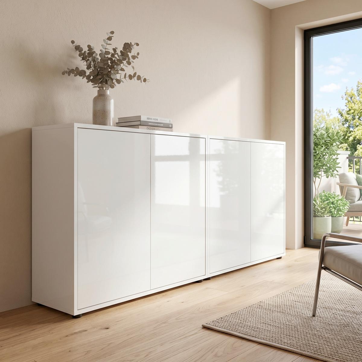 SIDEBOARD Mailand 2 B: 158 cm Weiß - Weiß Hochglanz/Schwarz, MODERN, Holzwerkstoff (158/73/33cm) - MID.YOU