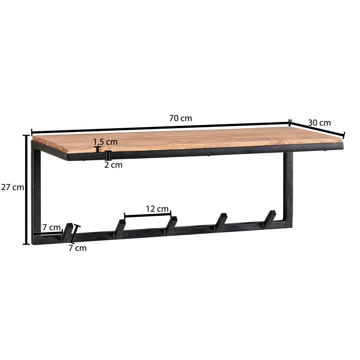 Wandgarderobe Akazie Massiv, B: 70cm - Akaziefarben, MODERN, Holz/Metall (70/27/30cm) - MID.YOU
