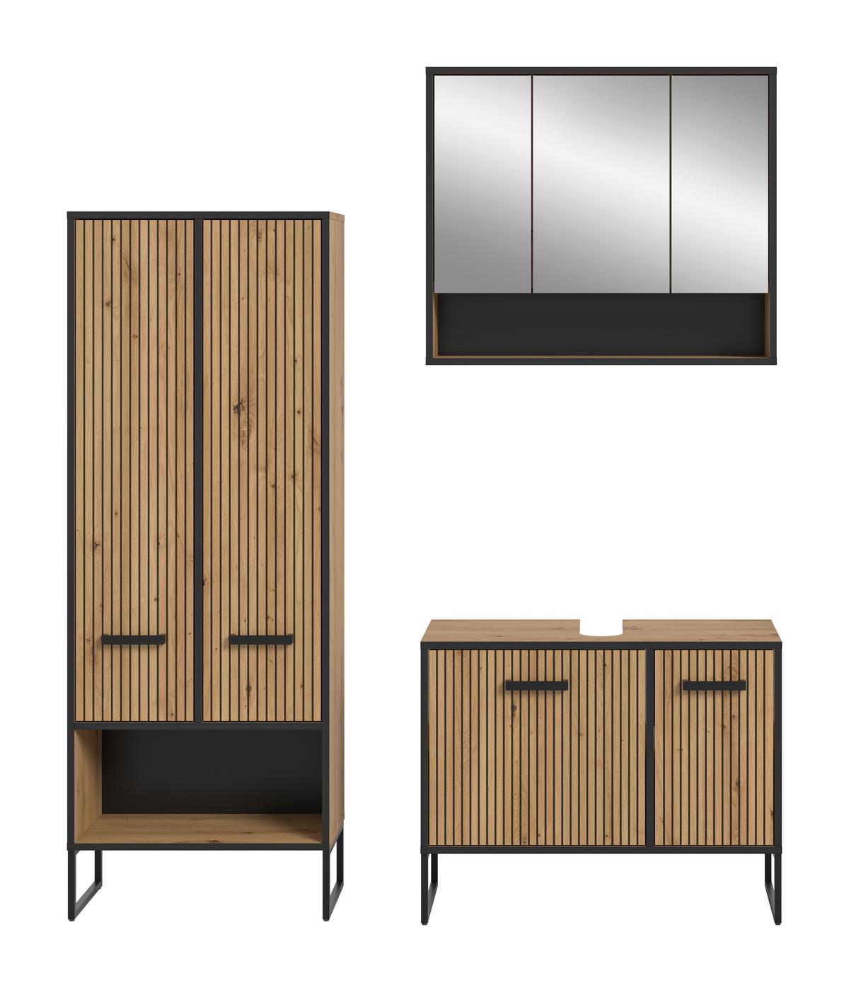 Badezimmer Bagno Schwarz /Eiche Artisan Dekor B: 139cm - Schwarz/Eiche Artisan, Trend, Glas/Holzwerkstoff (139cm) - MID.YOU