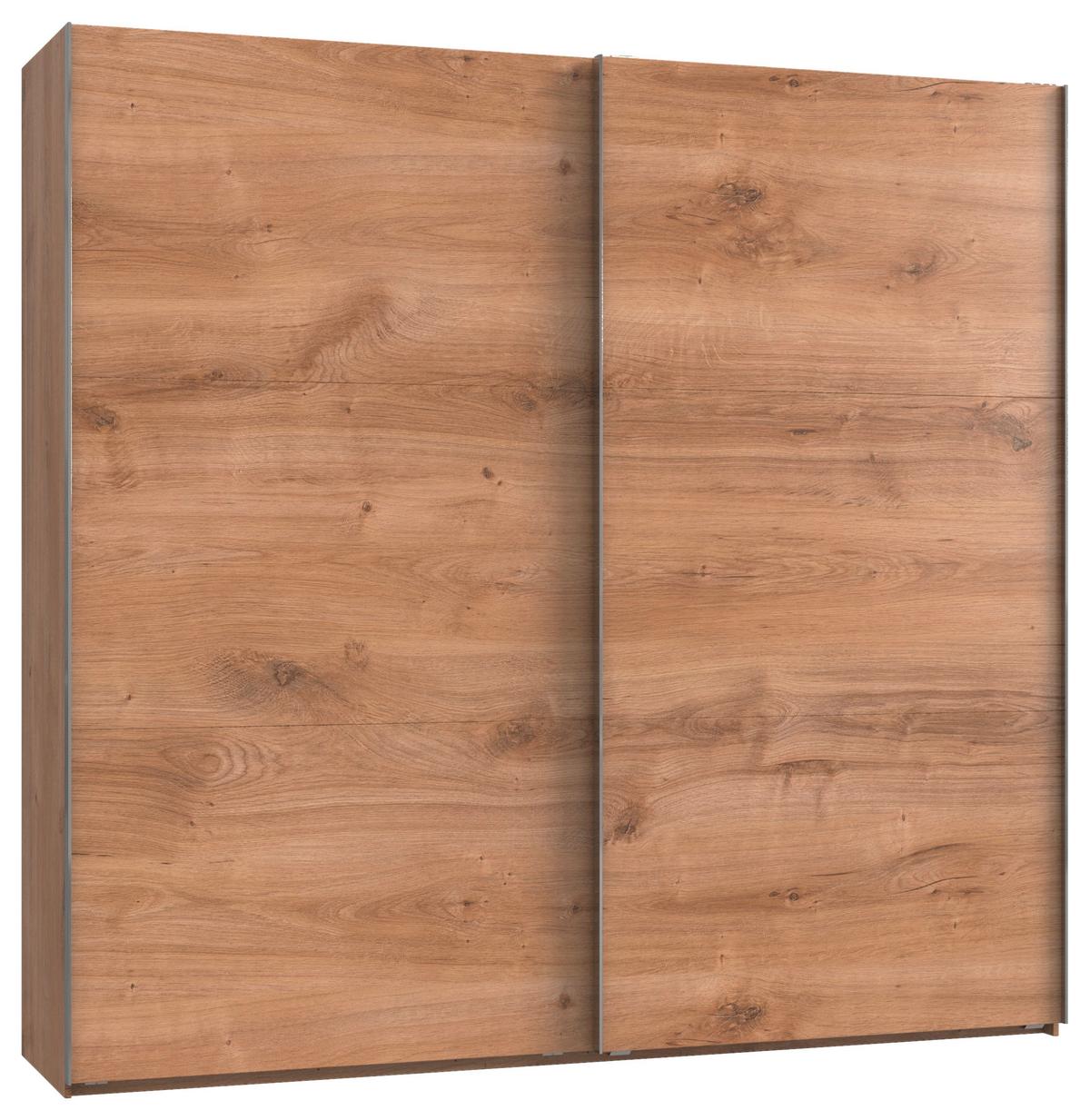 Schwebetürenschrank zweitürig aus Holzdekor mit eichefarbenen Oberflächen und Griffleisten aus Aluminium