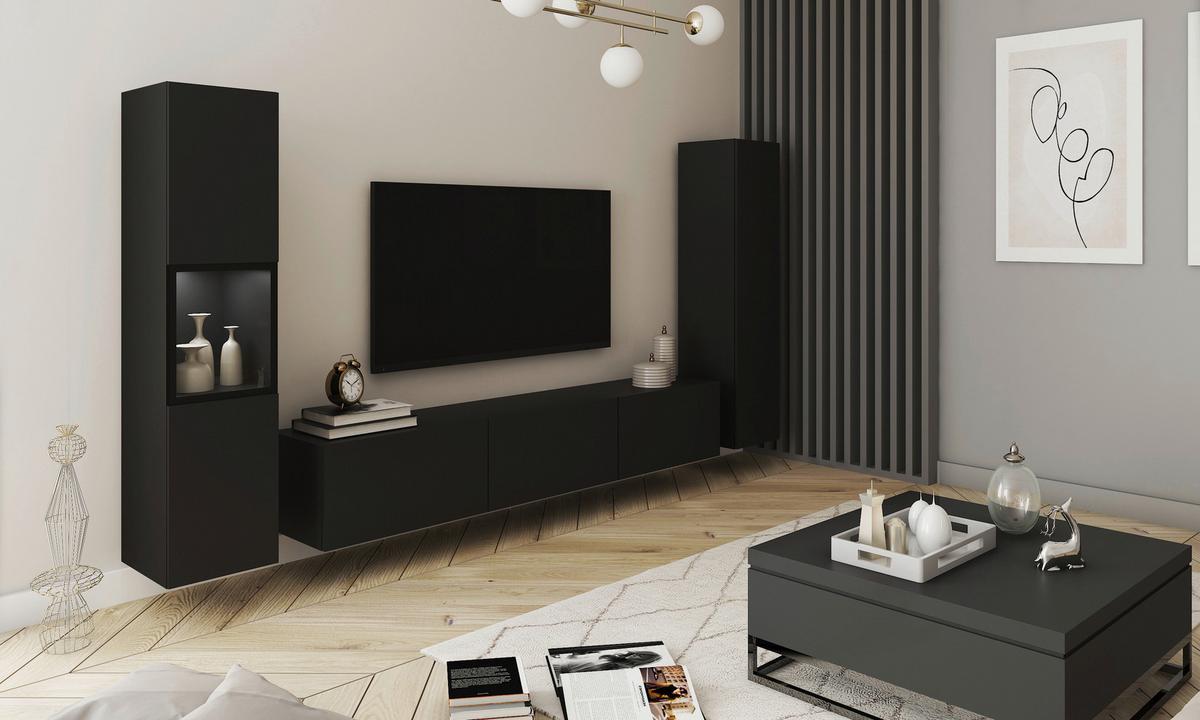 Wohnwand Berlin IIi Schwarz B: 240 cm - Schwarz/Grau, Design, Glas/Holzwerkstoff (240/130/31cm) - MID.YOU