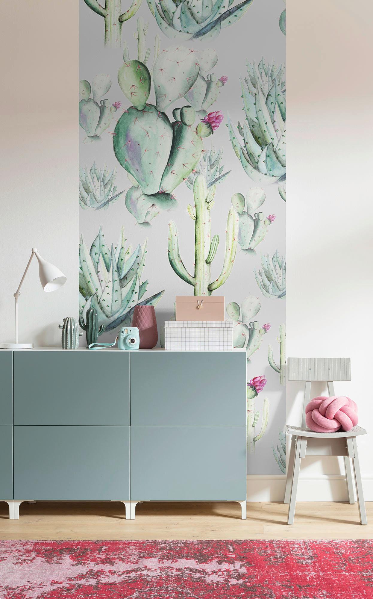 Vliestapete Cactus Grey Panel - Grau/Grün, Basics (100/250cm) - Komar