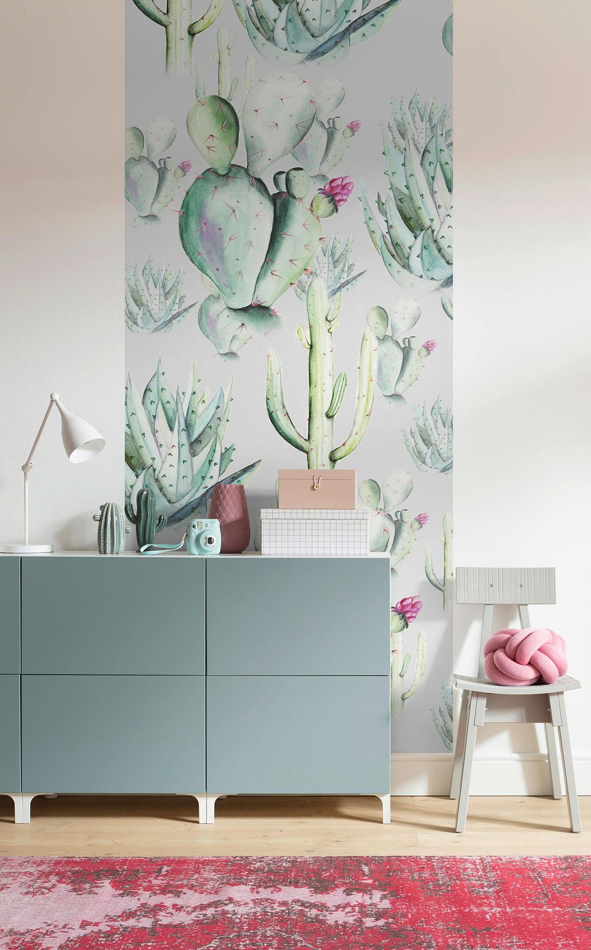 Vliestapete Cactus Grey Panel - Grau/Grün, Basics (100/250cm) - Komar