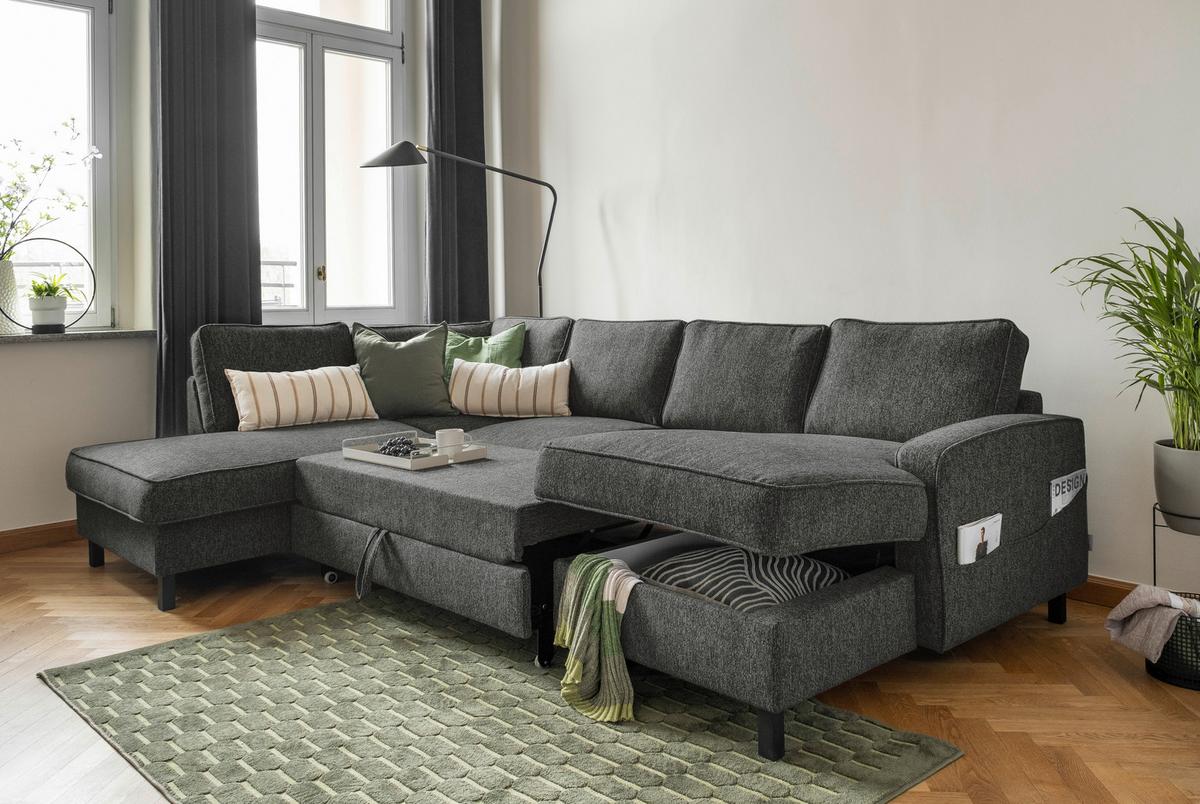 Wohnlandschaft Molly Dunkelgrau B: 298 cm - Dunkelgrau/Schwarz, Textil (198/298/148cm) - MID.YOU