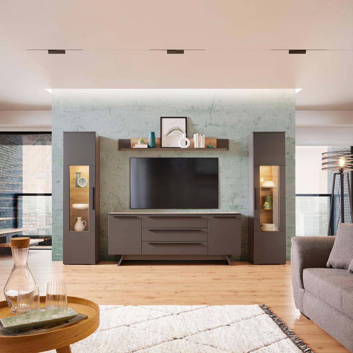 TV-Element Atlanta B: 200,1 cm Grau/Eiche Dekor - Eichefarben/Grau, MODERN, Holzwerkstoff (200,1/80,2/46,2cm)