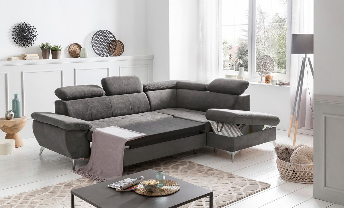 Ecksofa Mit Schlaffunktion Gisele Und Bettkasten Grau - Chromfarben/Grau, KONVENTIONELL, Textil (256/209cm) - Livetastic