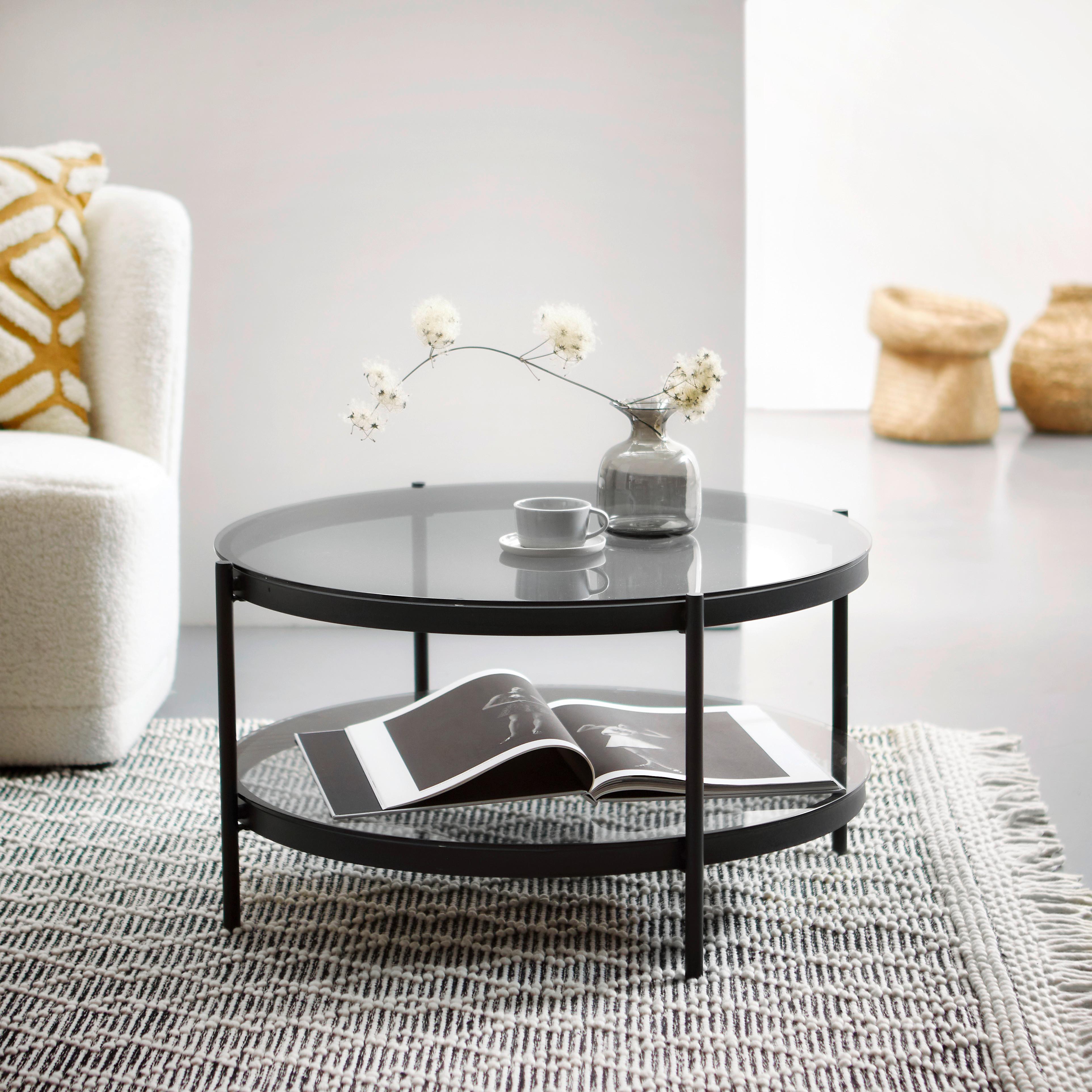 Couchtisch Glas mit Ablage Rund Bayonne, Rauch/Schwarz - Schwarz, KONVENTIONELL, Glas/Metall (75/75/42cm) - MID.YOU