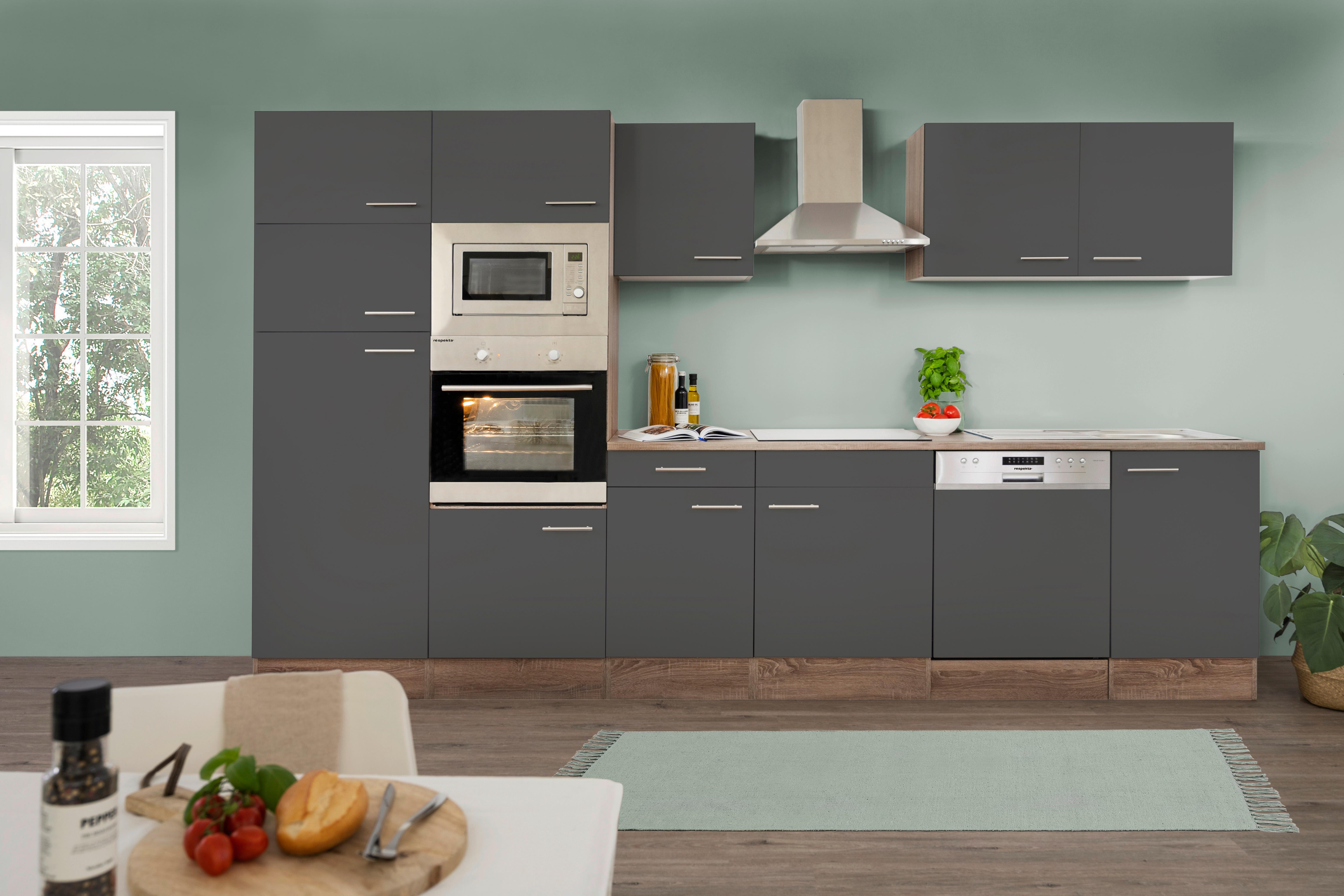 Küchenzeile mit Geräten 340 cm Grau/Eiche Dekor - Eichefarben/Grau, MODERN, Holzwerkstoff (340cm) - Respekta