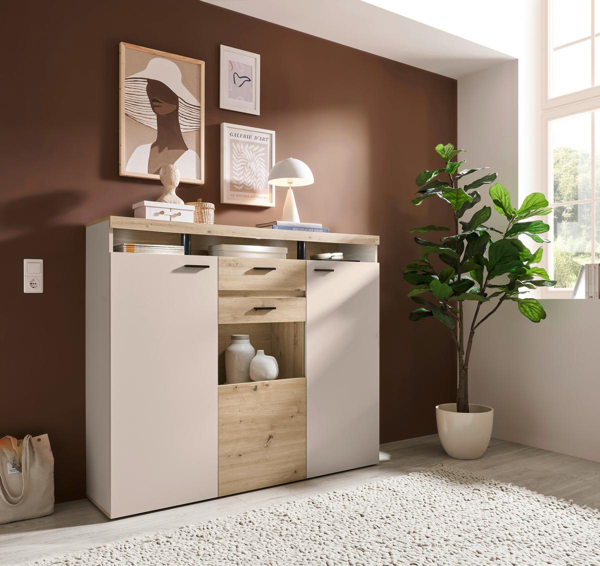 Highboard Strada Giga *ph* Eiche Artisan/Kashmir, B:151cm - Kaschmir/Schwarz, Trend, Glas/Holzwerkstoff (151/129/37cm)