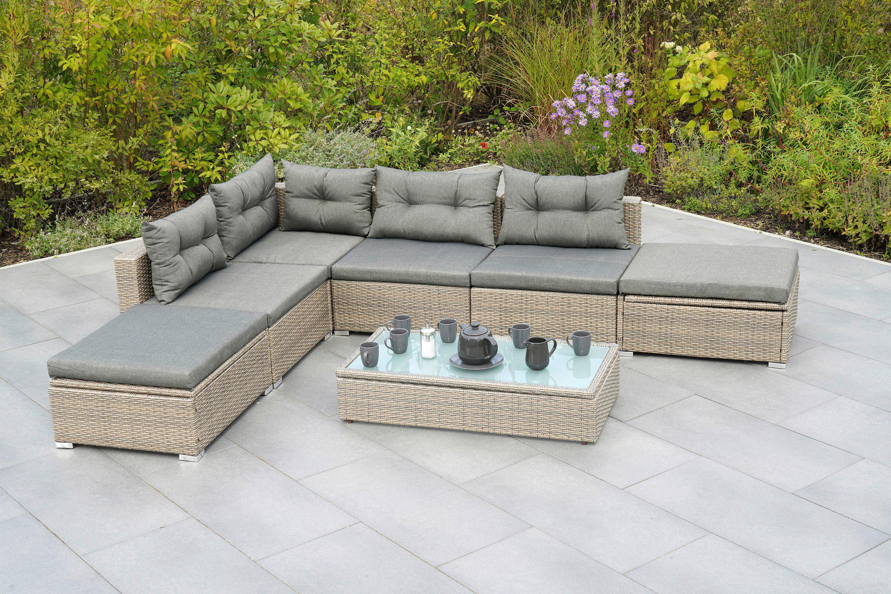 Loungegarnitur 7-Tlg. Vilemanzano aus Kunststoff - Naturfarben/Grau, MODERN, Glas/Kunststoff - Gardenson